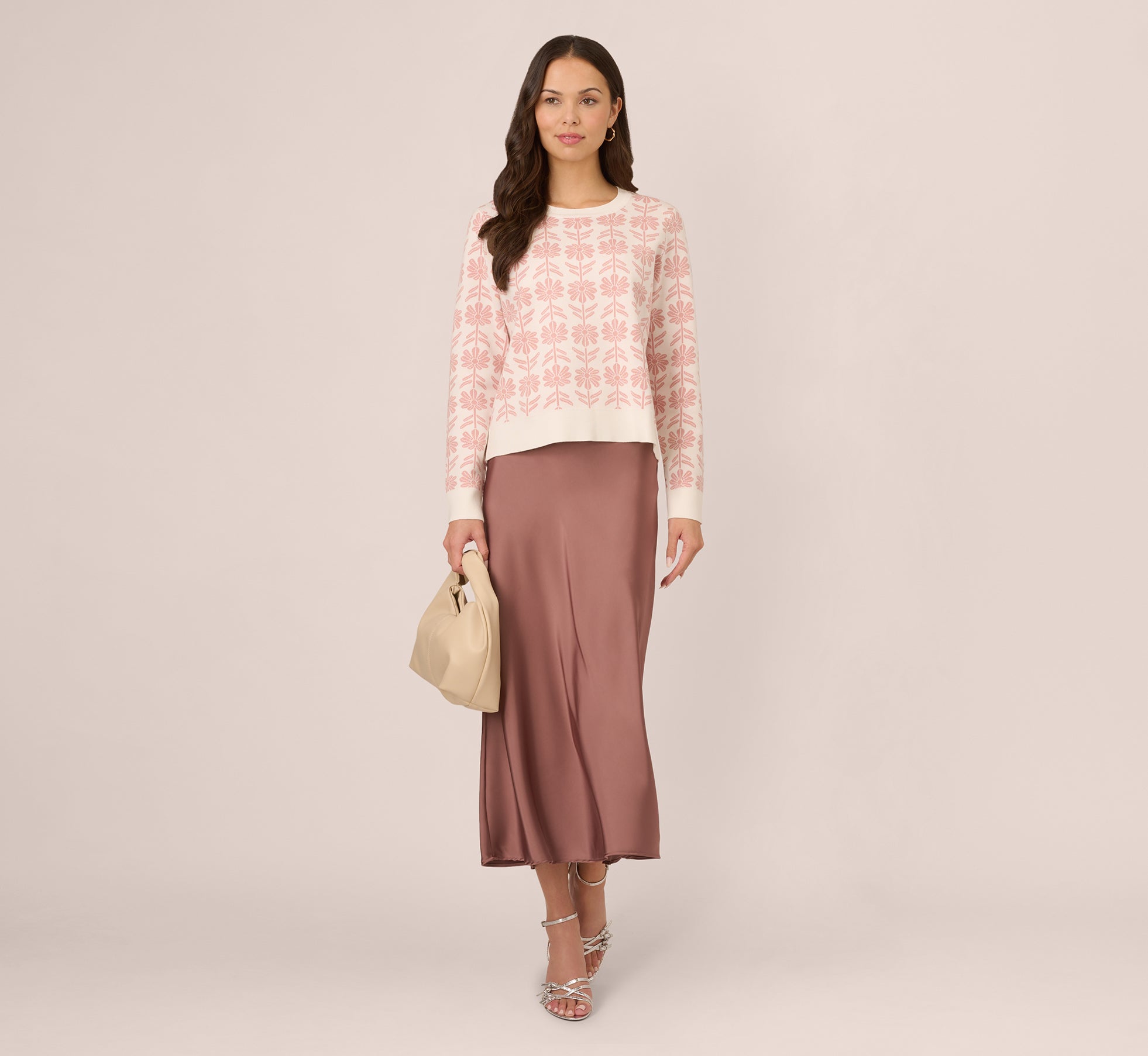 Crew Neck Floral Pullover Sweater In Ivory Champagne Rose Floral、mySite、solidvoid