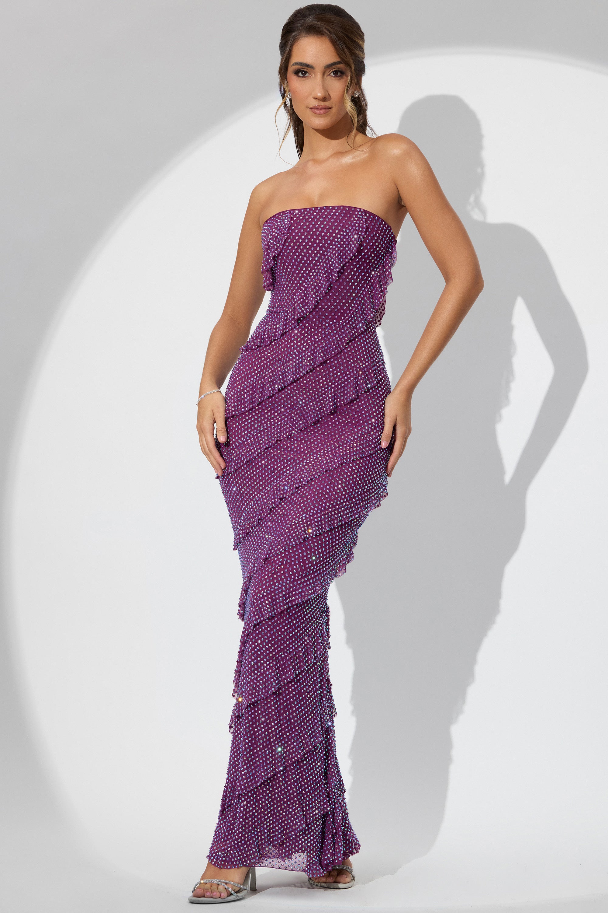Embellished Strapless Ruffle Maxi Dress in Plum、mySite、solidvoid