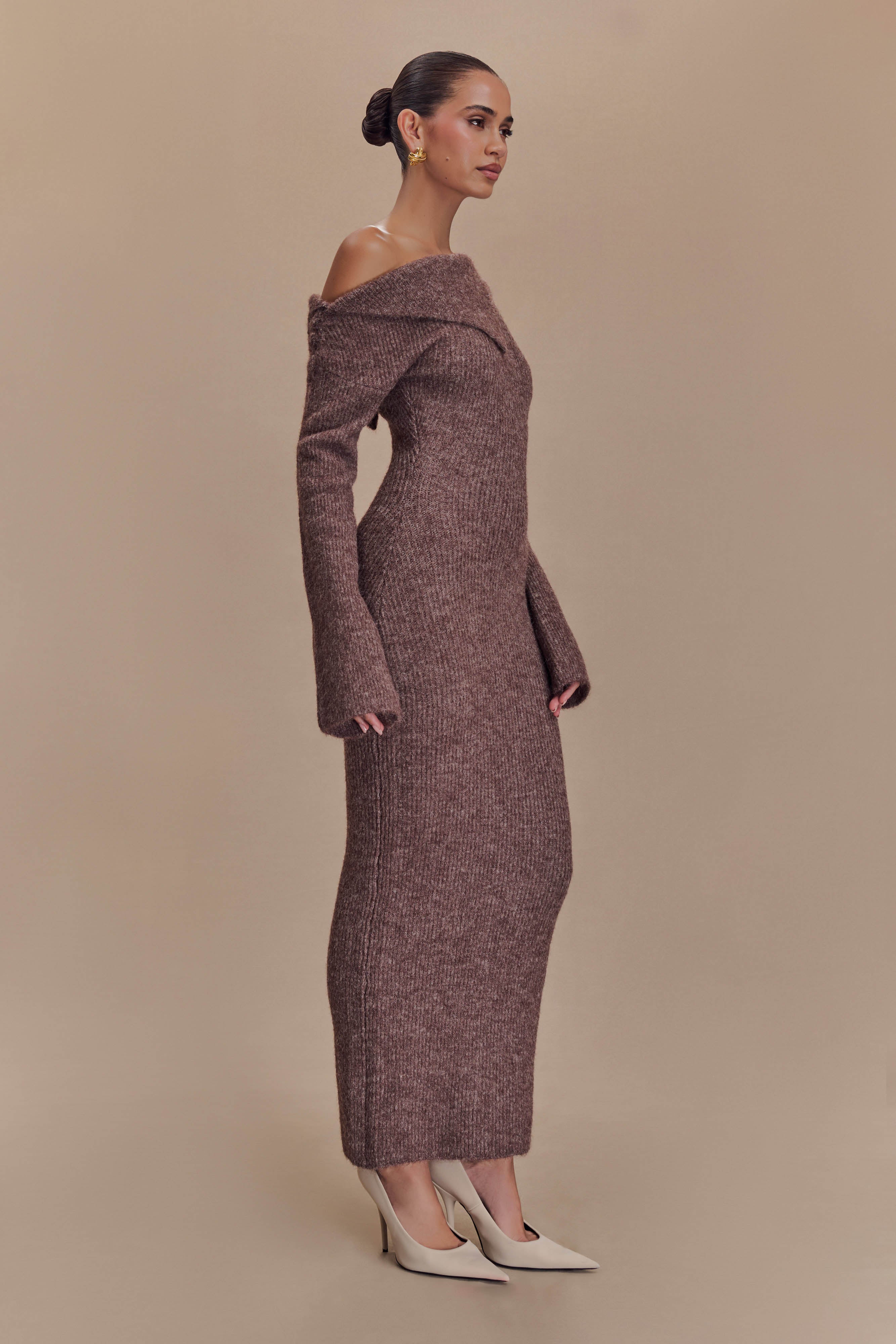 Magenta One Shoulder Fluffy Knit Midi Dress - Pecan、mySite、solidvoid