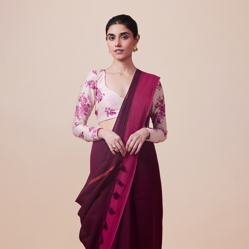 Cotton Solid Saree with Blouse | Burgundy & Pink、mySite、camillekostekn