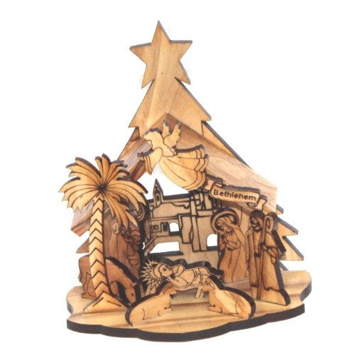 Holy Land Market One Piece Olive Wood Nativity Carved by Laser (13.5 cm or 5.25 inches)、mySite、topwebapps