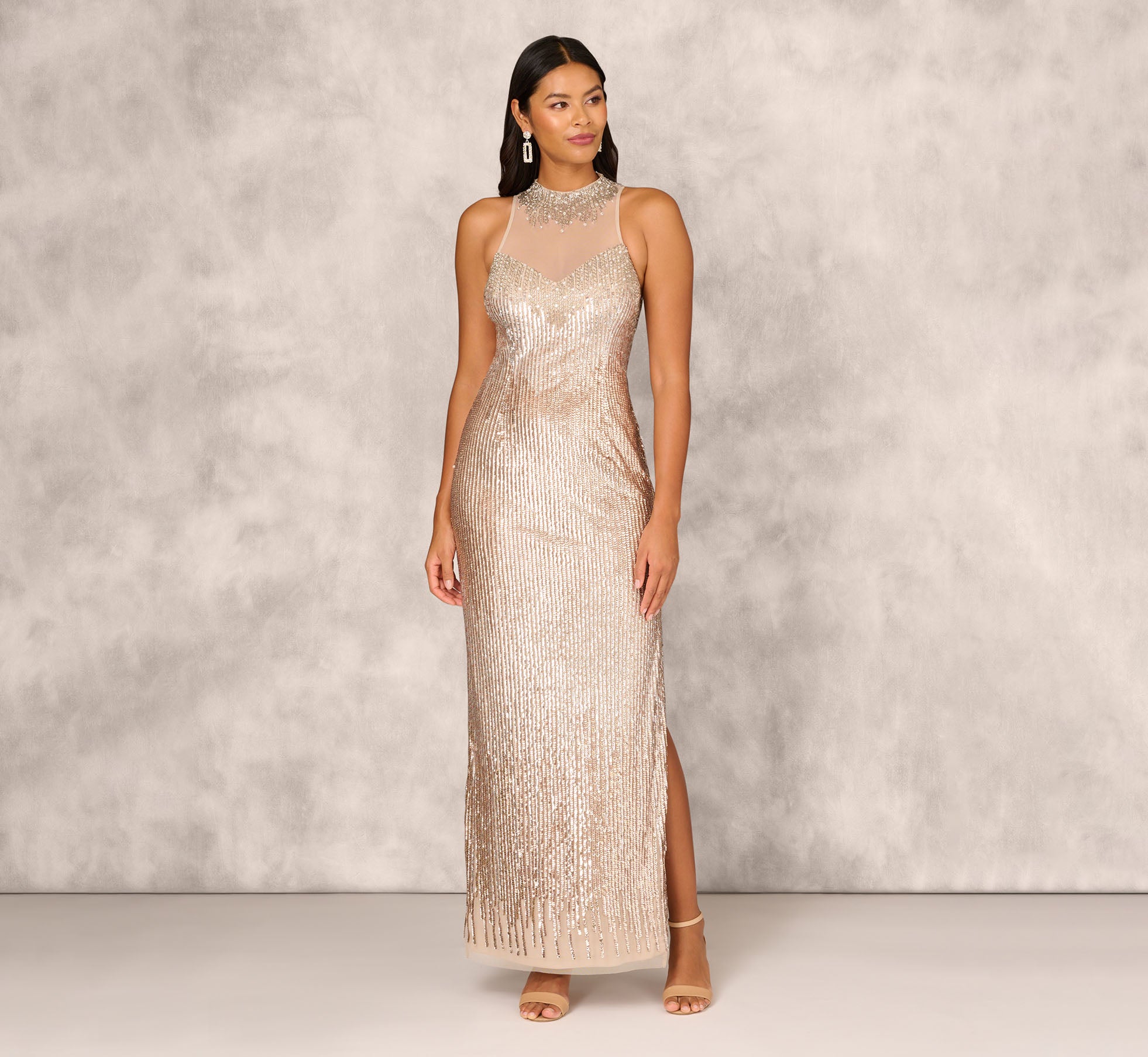 Sleeveless Beaded Column Gown With Illusion Neckline In Champagne、mySite、solidvoid