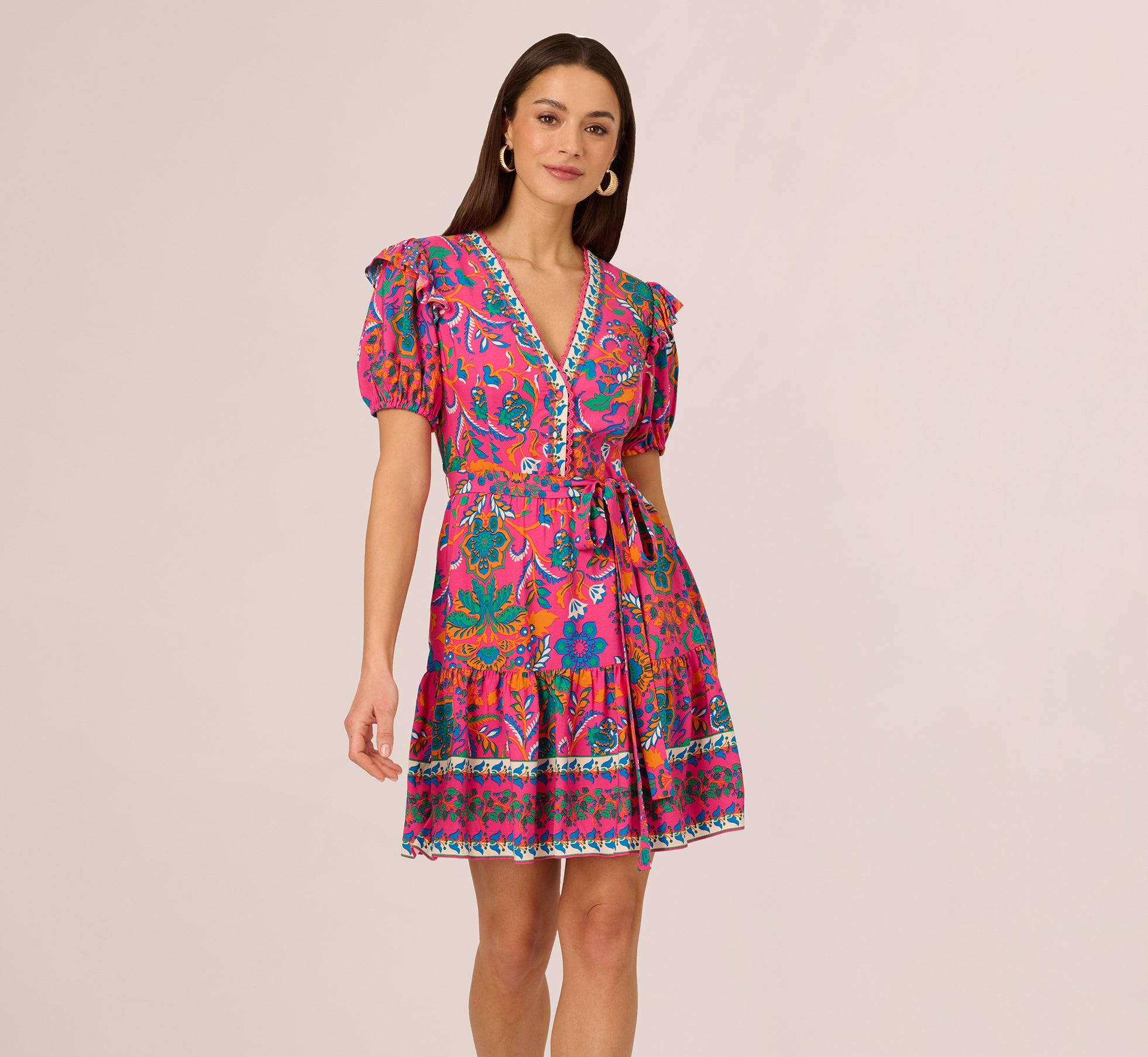 Puff Sleeve Retro Printed Short Dress In Hot Pink Multi、mySite、solidvoid