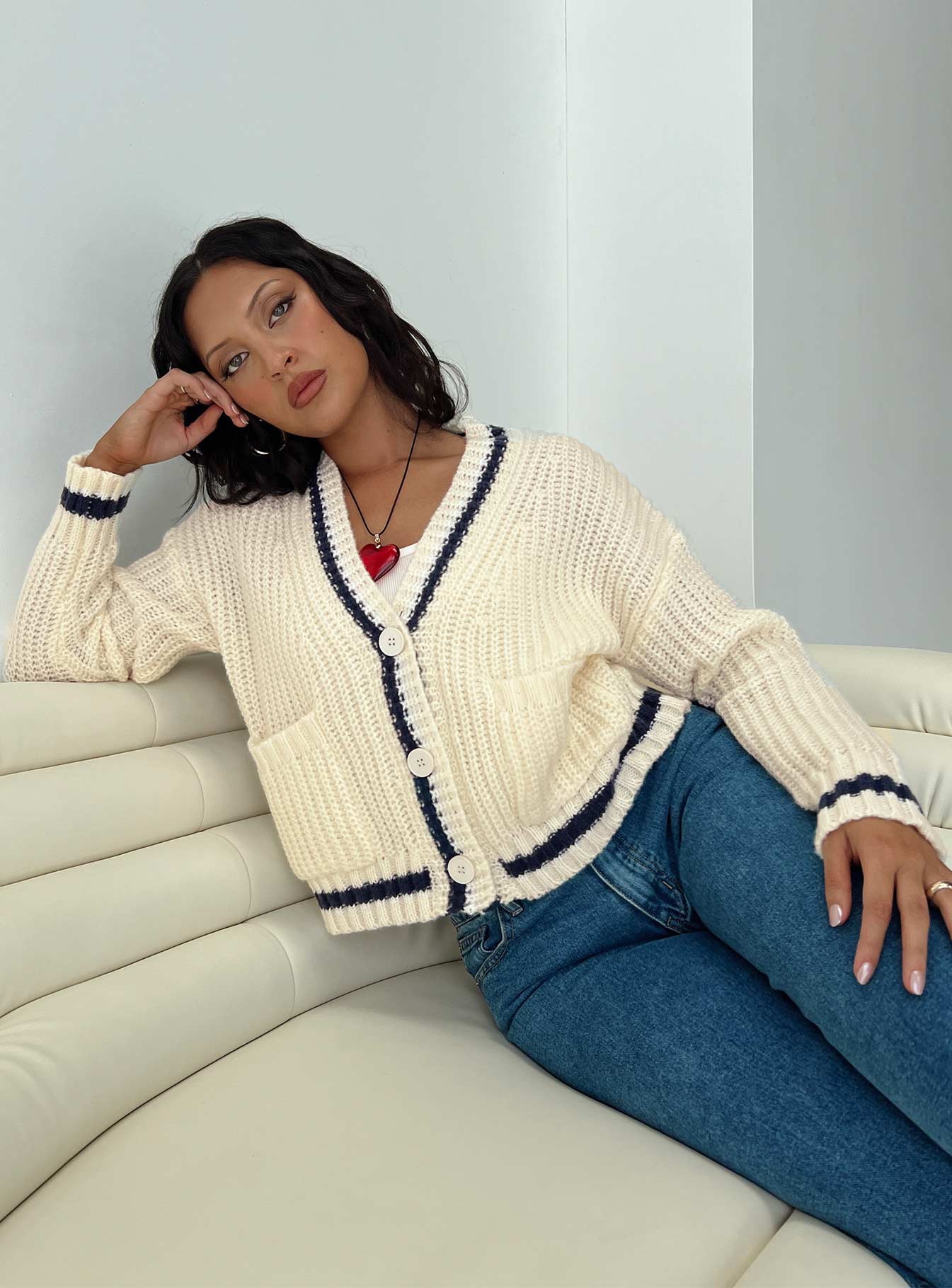 Tavian Knit Cardigan Navy / Cream、mySite、solidvoid