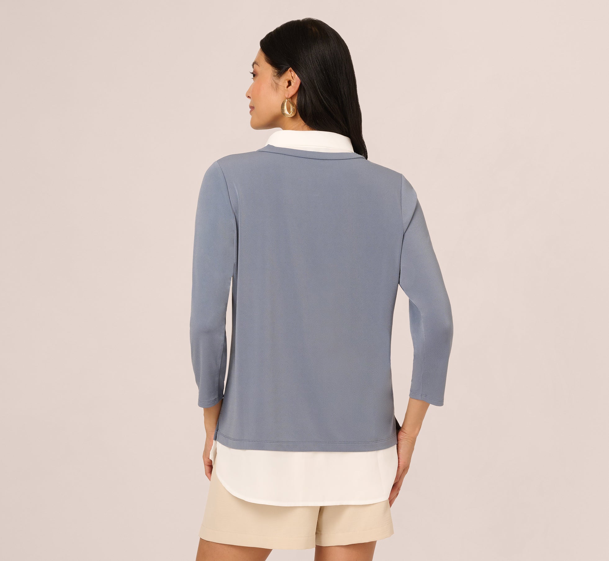 Three Quarter Sleeve Collared Twofer Sweater In Dusty Blue Ivory、mySite、solidvoid