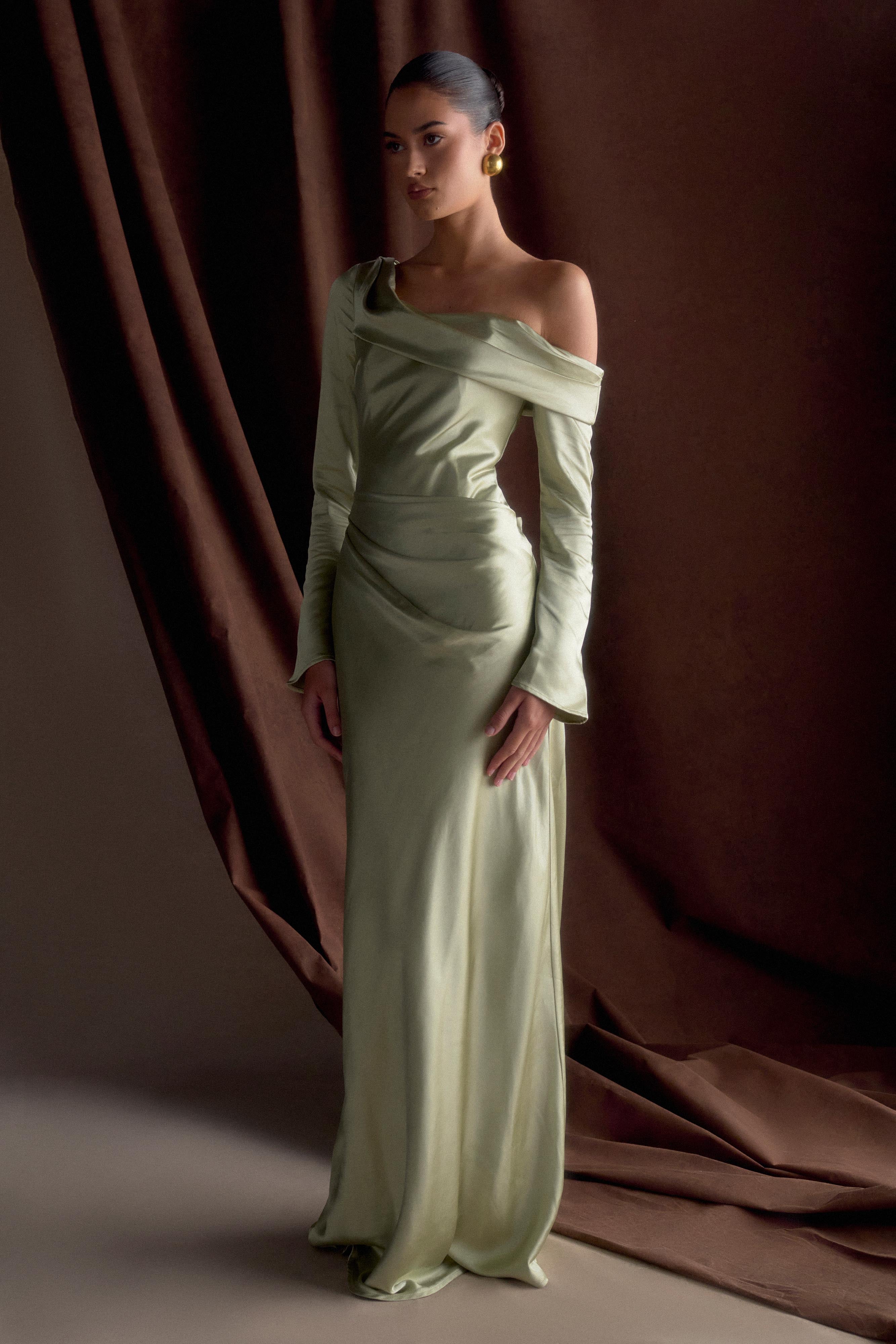 Iris Long Sleeve Satin Maxi Dress - Sage、mySite、solidvoid
