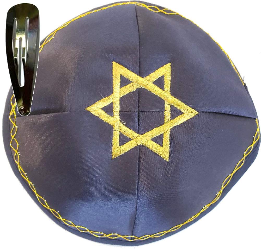 Holy Land Market Jewish Kippah Yarmulke with Star of David Embroidered Satin (Blue with Golden Knitting)、mySite、topwebapps