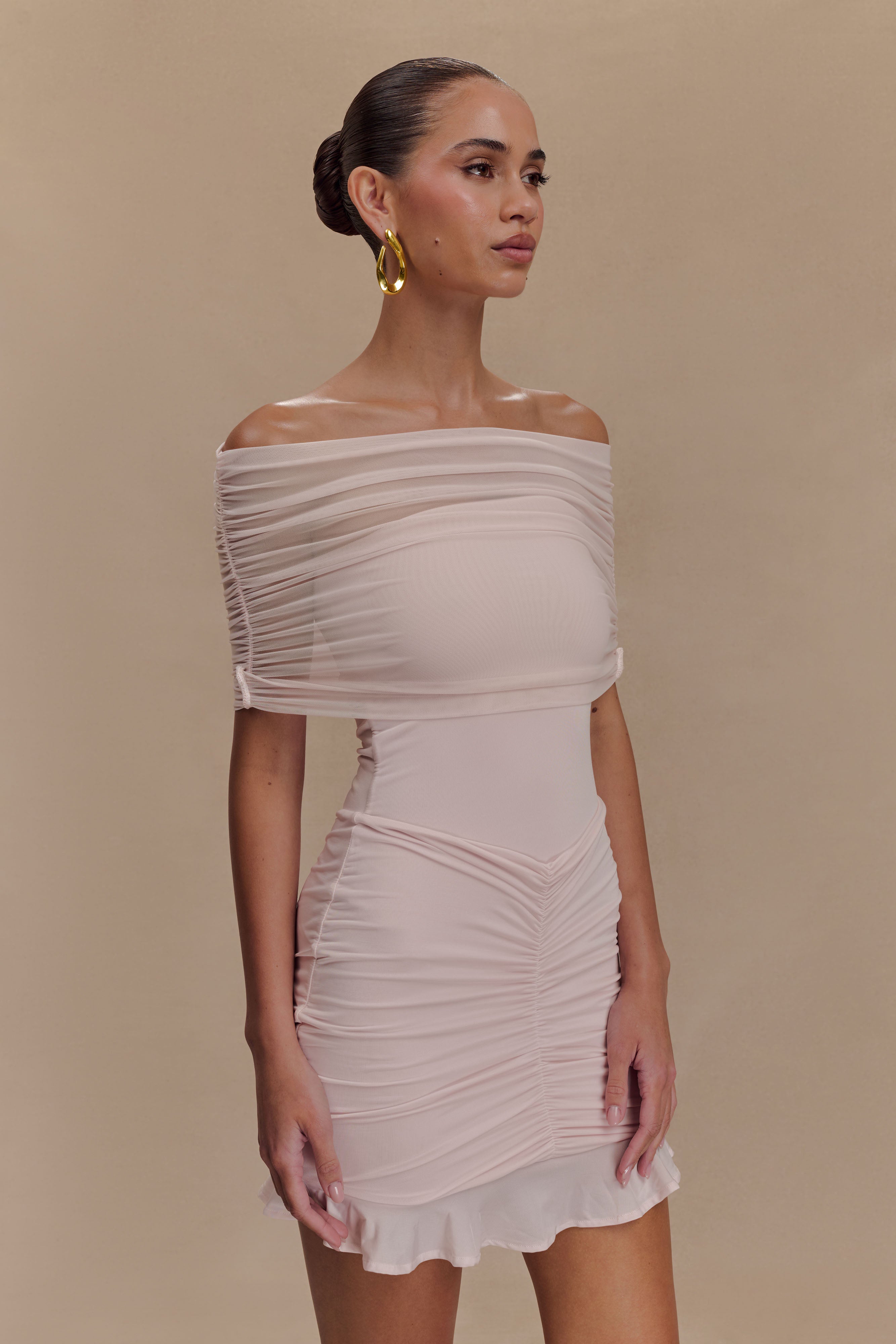 Caspian Slinky And Mesh Off Shoulder Mini Dress - Pale Pink、mySite、solidvoid