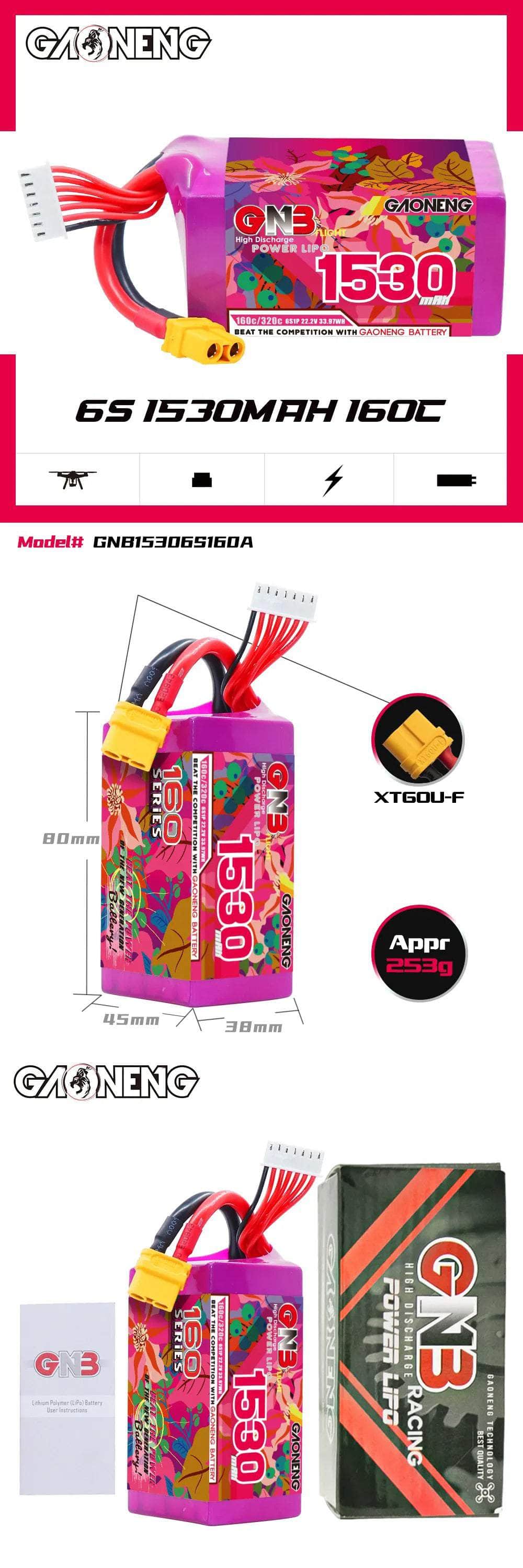 Gaoneng GNB 22.2V 6S 1530mAh 160C Lipo Battery - XT60