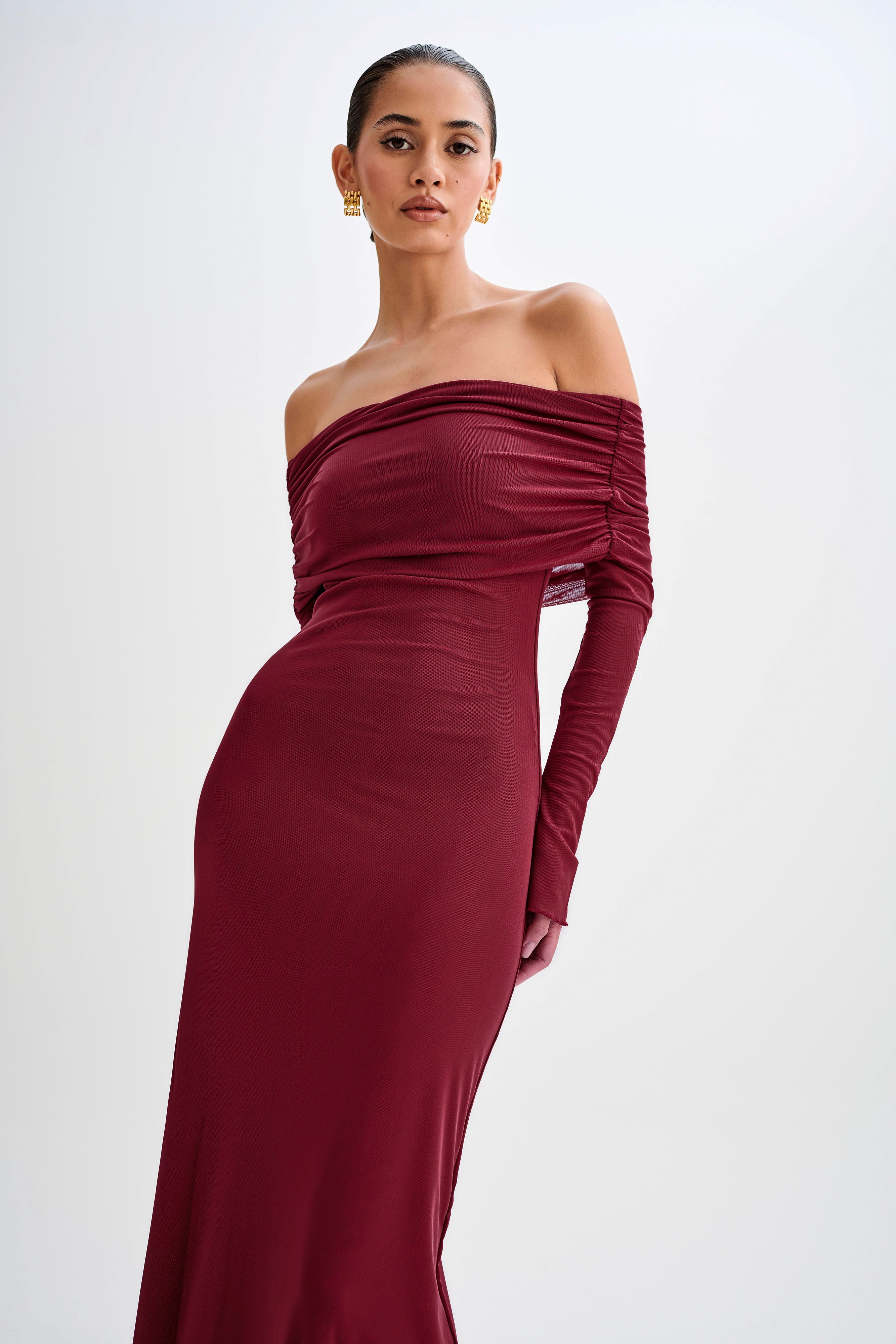 Josie Off Shoulder Mesh Maxi Dress - Wine、mySite、solidvoid