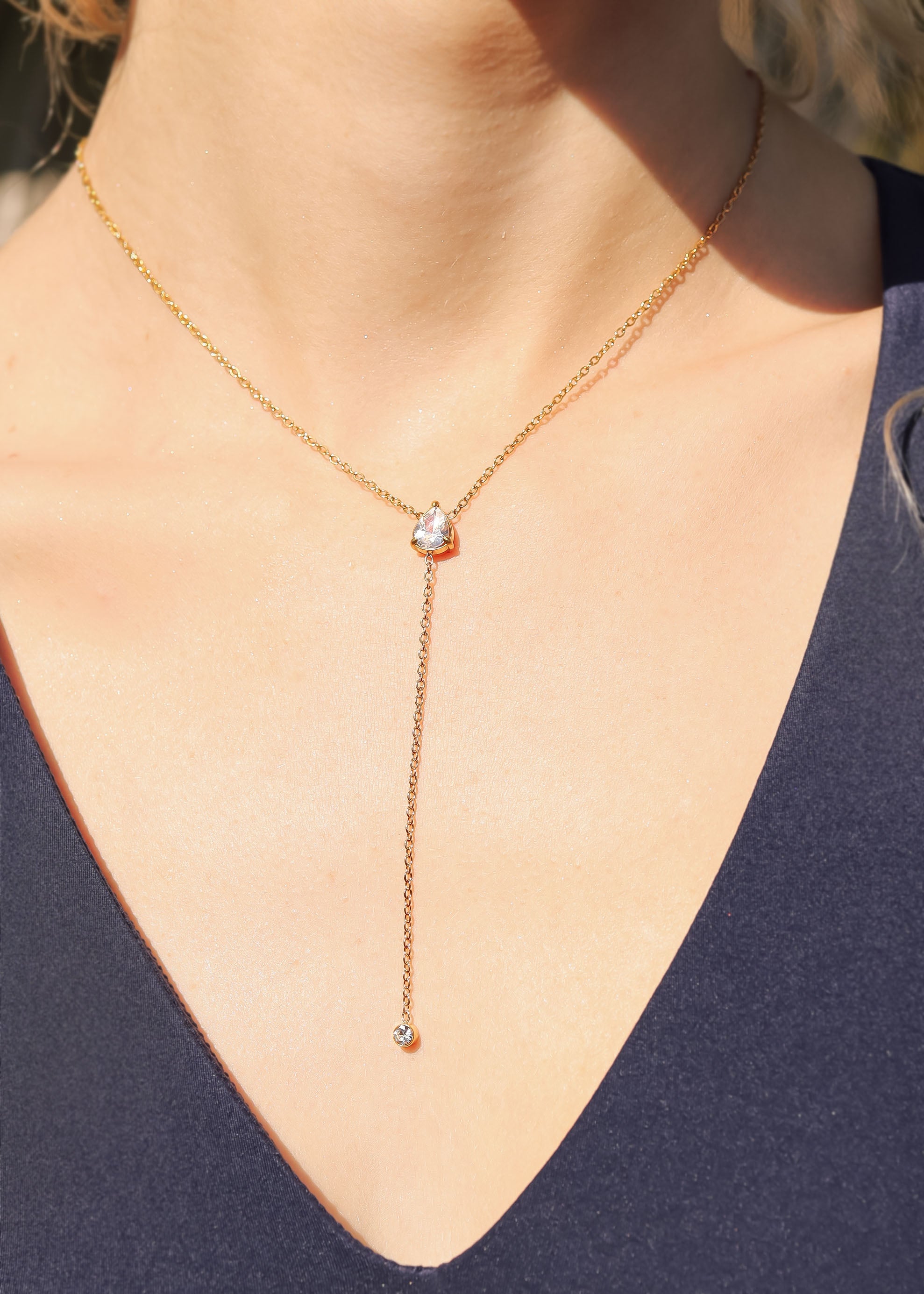 18K Gold PVD Stainless Steel Teardrop CZ Lariat Necklace / CHN0055、mySite、dreamappss
