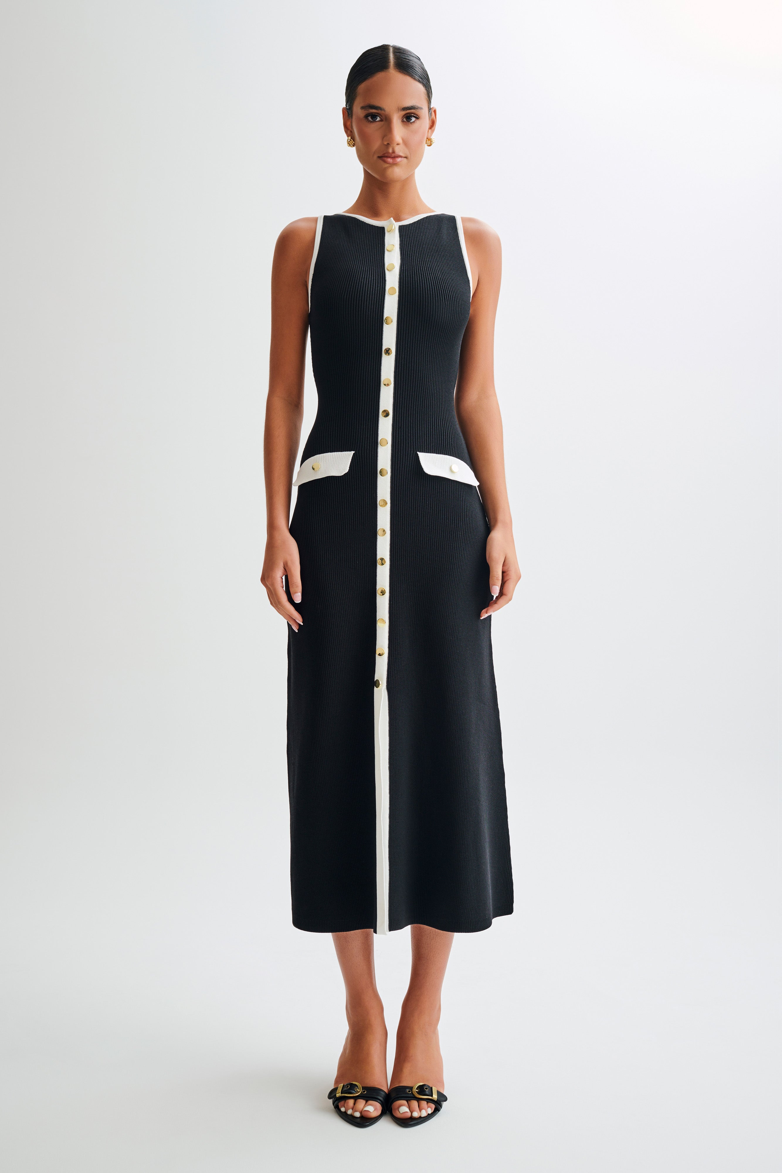 Sawyer Sleeveless Buttoned Maxi Dress - Black/White、mySite、solidvoid