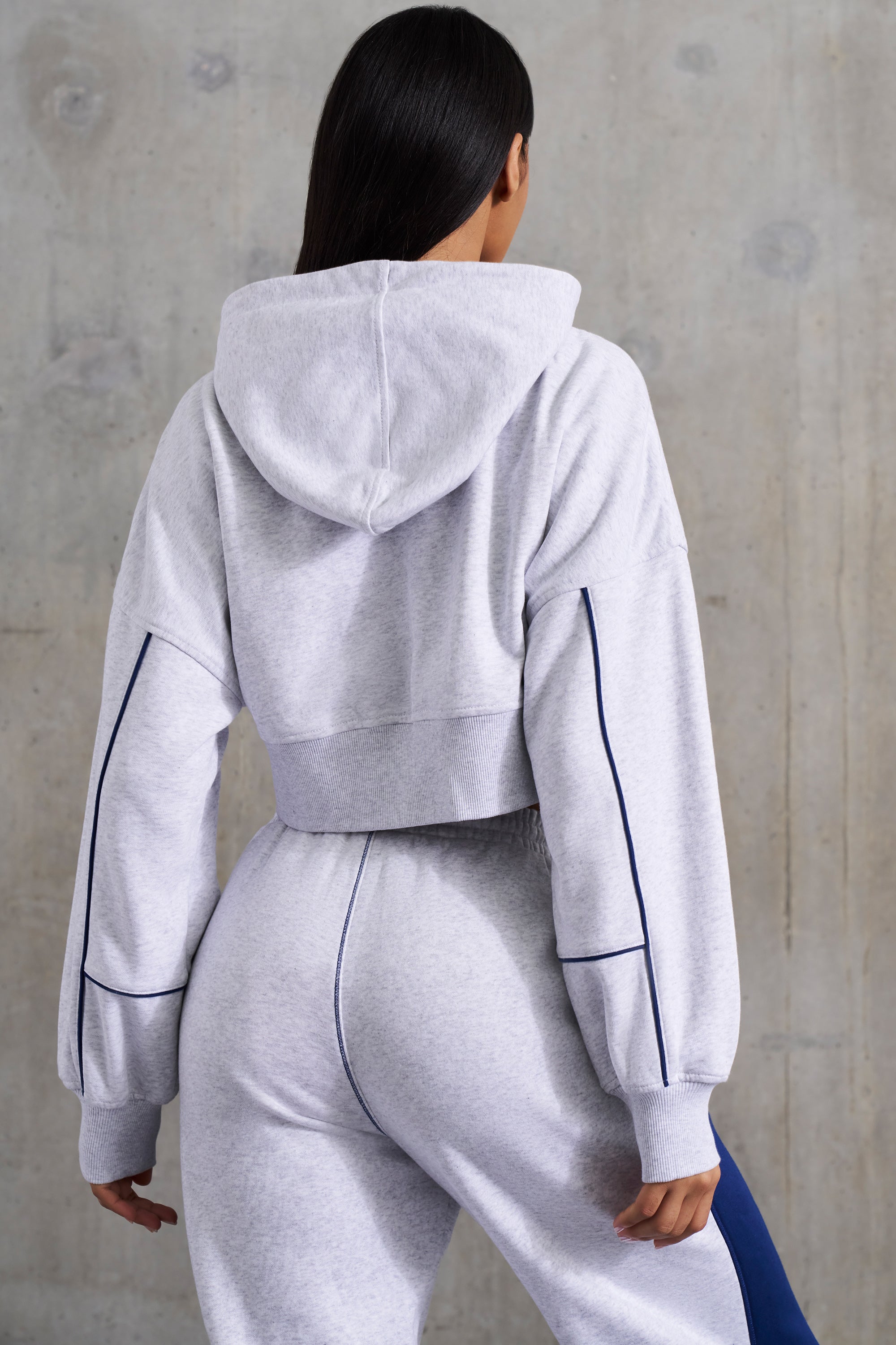 Waffle Lined Cropped Zip Up Hooded Jacket in Heather Grey、mySite、solidvoid