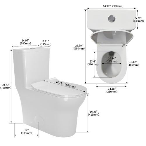 1.1/1.6 GPF Elongated Comfort Height Floor Mounted One-Piece Toilet, CUPC Certified, WaterSense Cetified, Ceramic, White Color, Soft Close Seat、、xpatfood