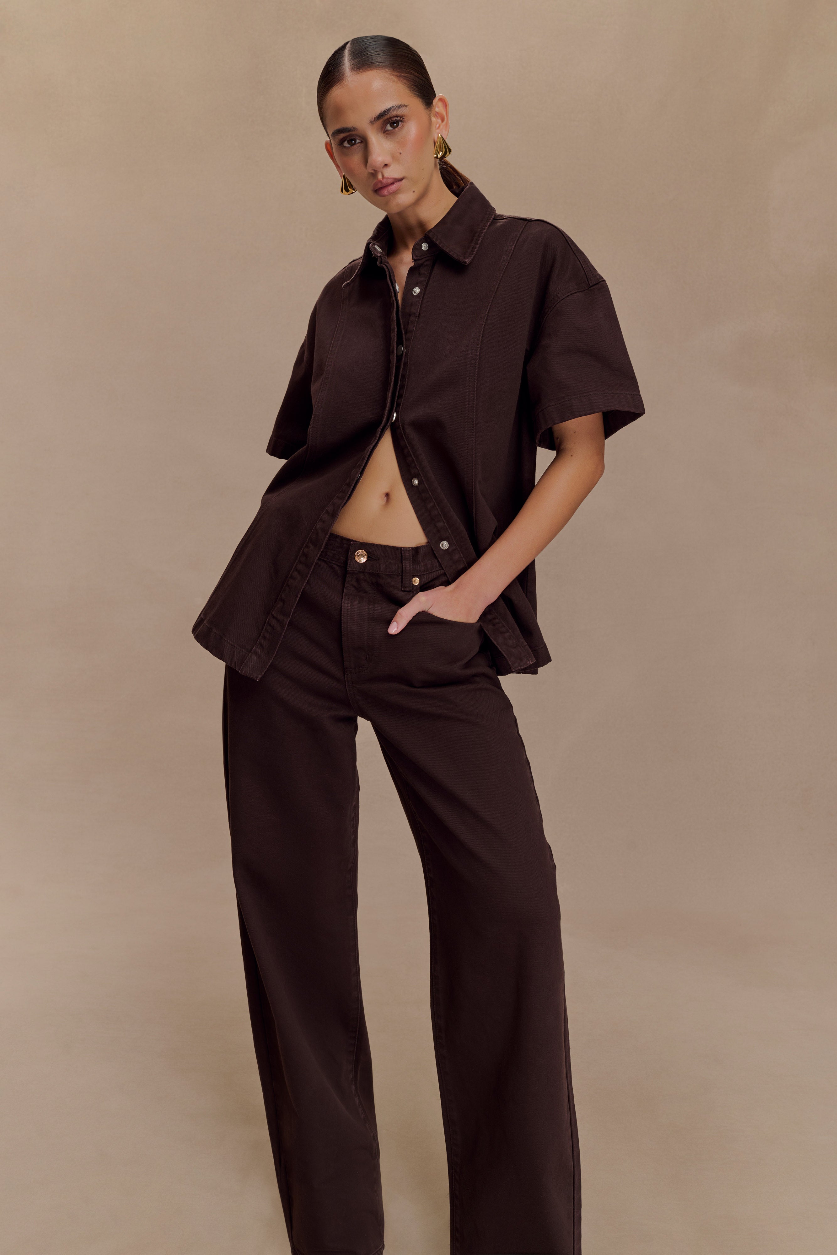 Maya Oversized Denim Shirt - Chocolate、mySite、solidvoid