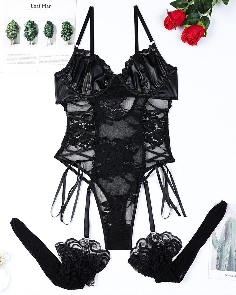 Lace And PU Leather Bow Bodysuit、mySite、bengalsvssteelers