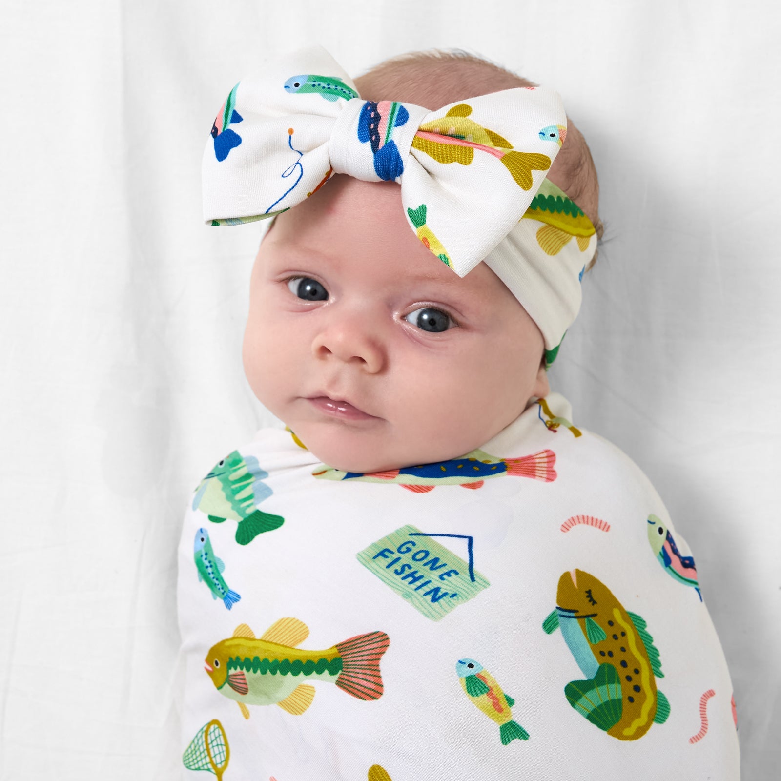Gone Fishin' Swaddle & Luxe Bow Headband Set、mySite、g9winljtr