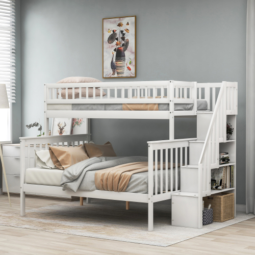 Twin over Full Stairway Bunk Bed with Storage, Gray、、casual