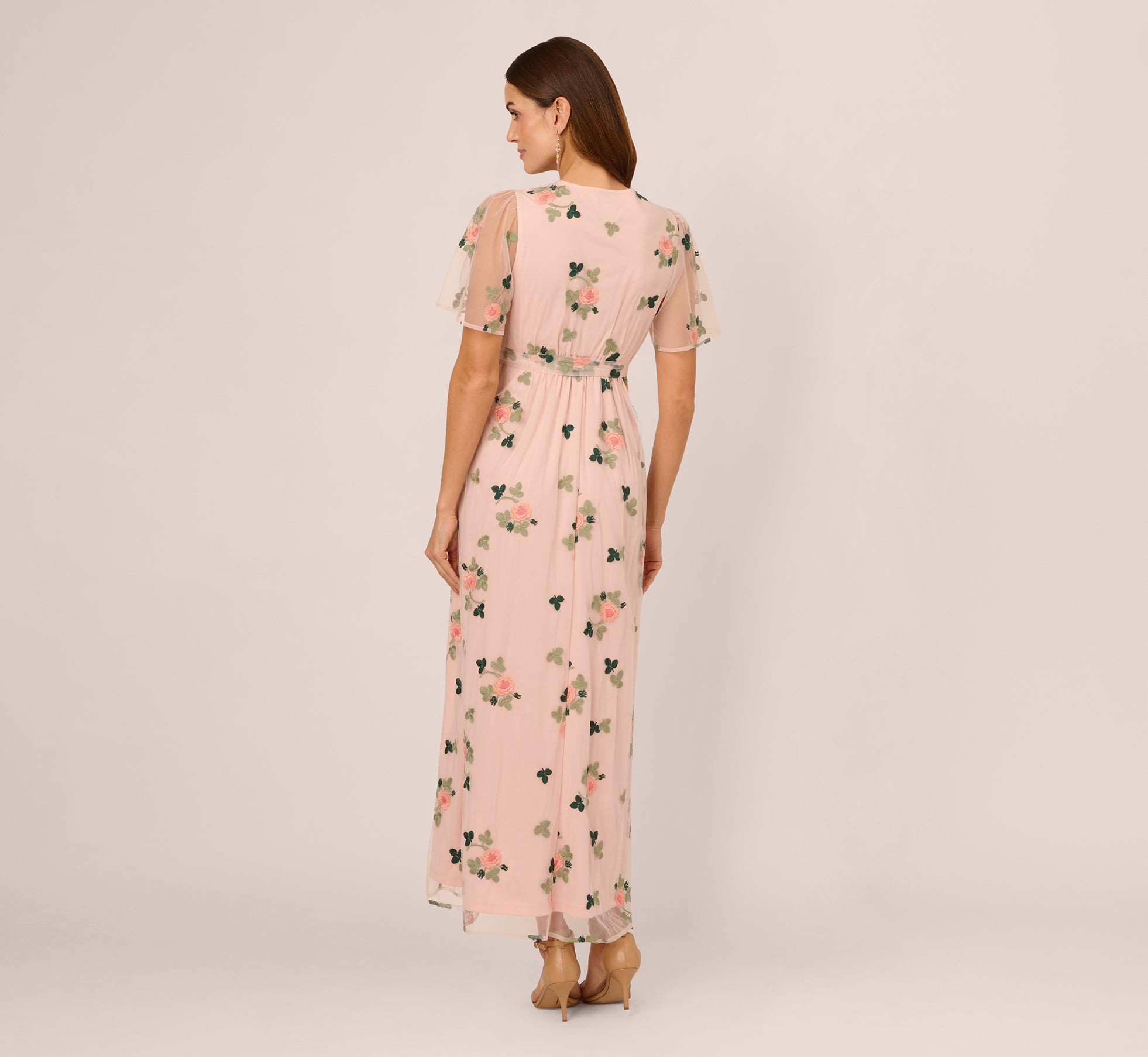 Floral Embroidered Maxi Dress With Sheer Flutter Sleeves In Blush Multi、mySite、solidvoid