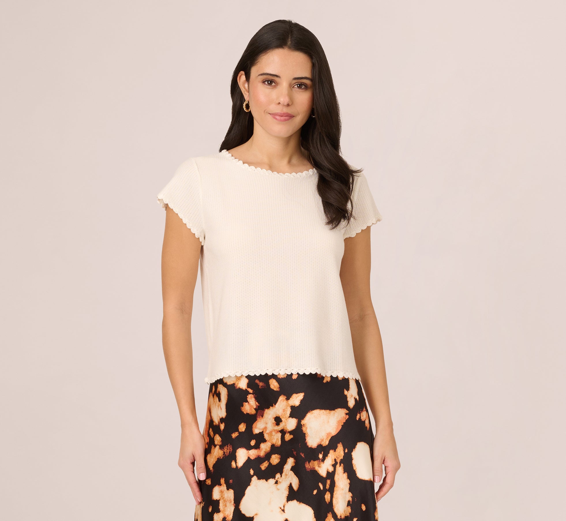 Cap Sleeve Crochet Scallop Sweater Top In Ivory、mySite、solidvoid