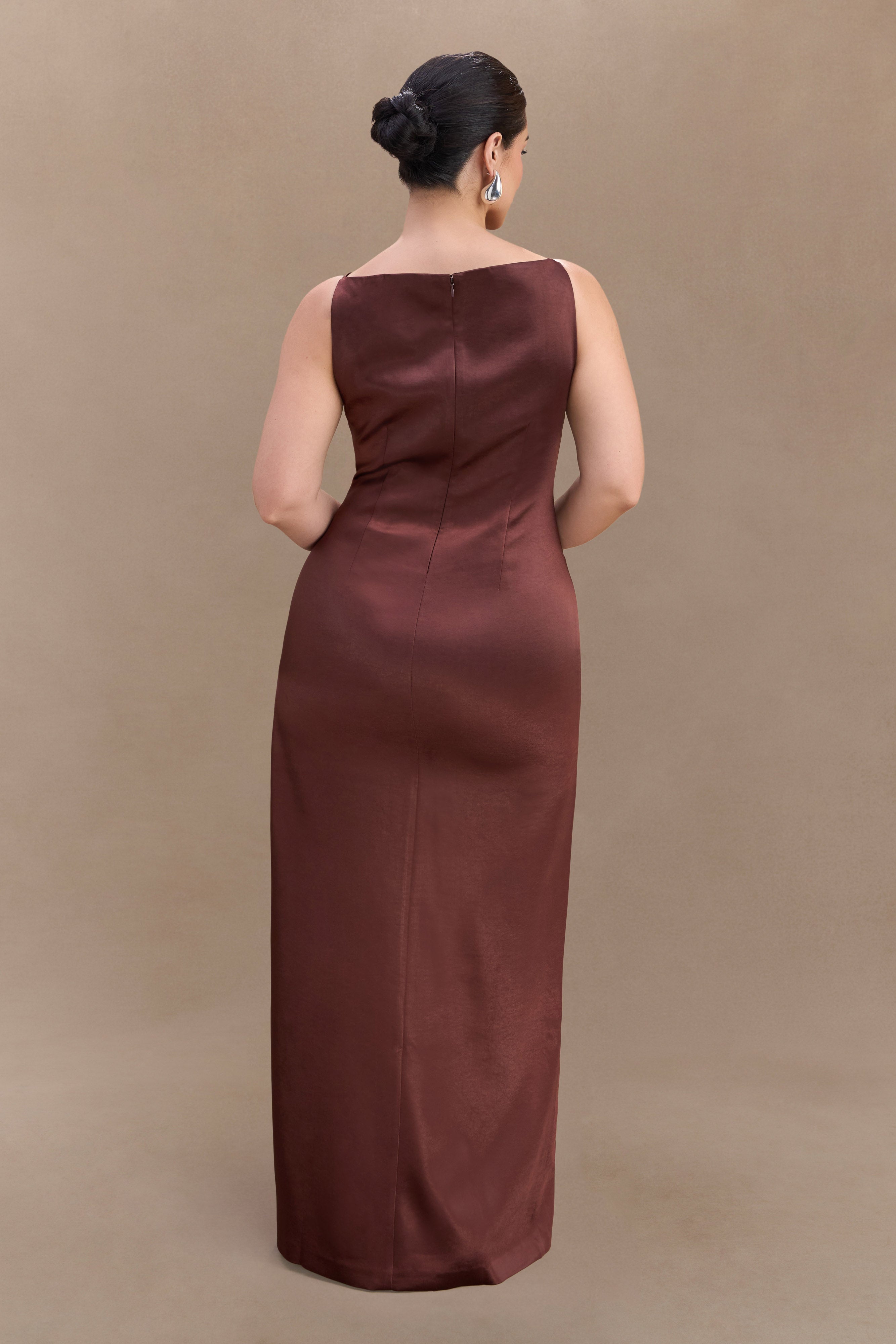 Violet Sleeveless Satin Maxi Dress - Dark Chocolate、mySite、solidvoid