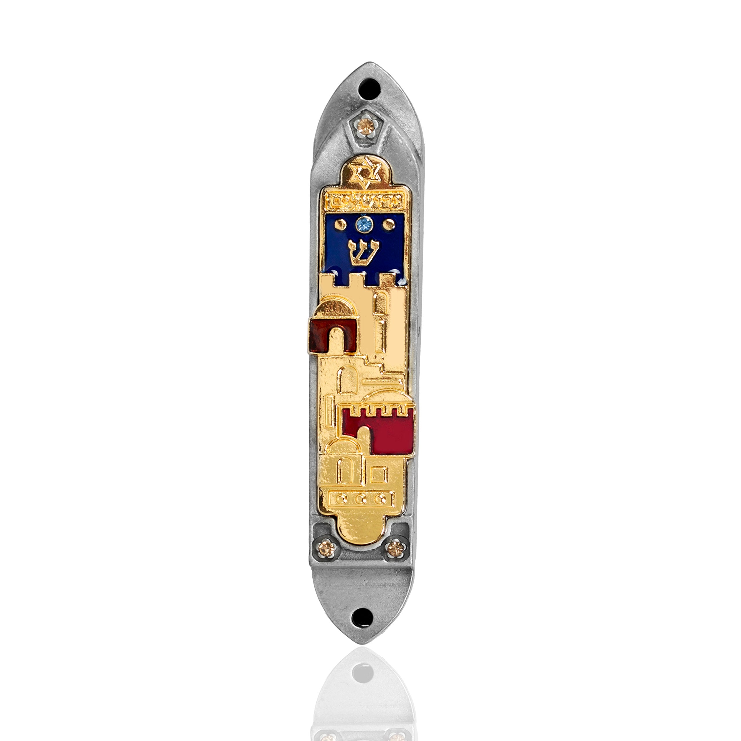 Holy Land Market Pewter Jerusalem Panorama or Walls of Old City with Blue and red Enamel Inserts - Mezuzah、mySite、topwebapps