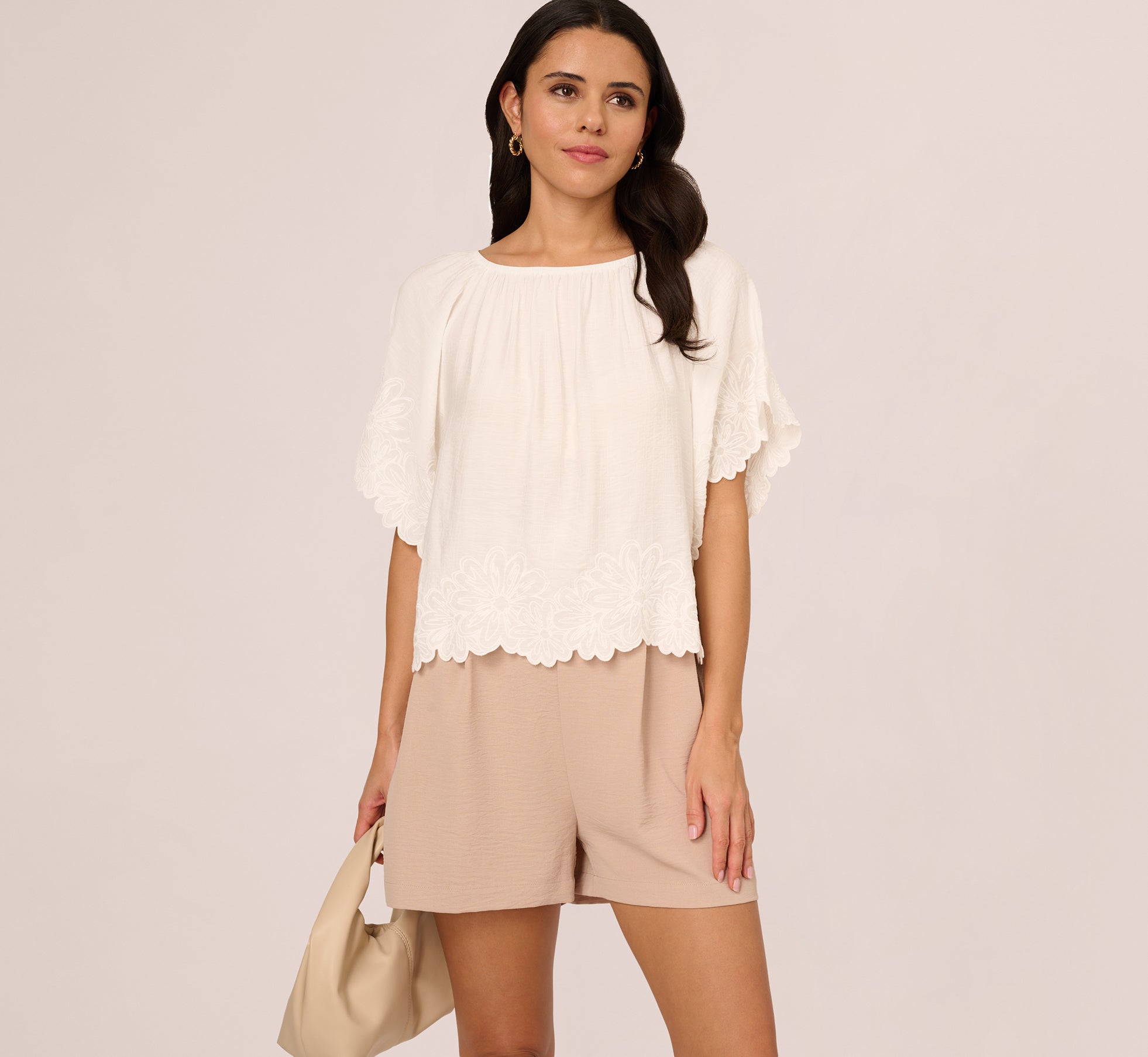Short Sleeve Semisheer Scalloped Embroidery Top In Ivory、mySite、solidvoid