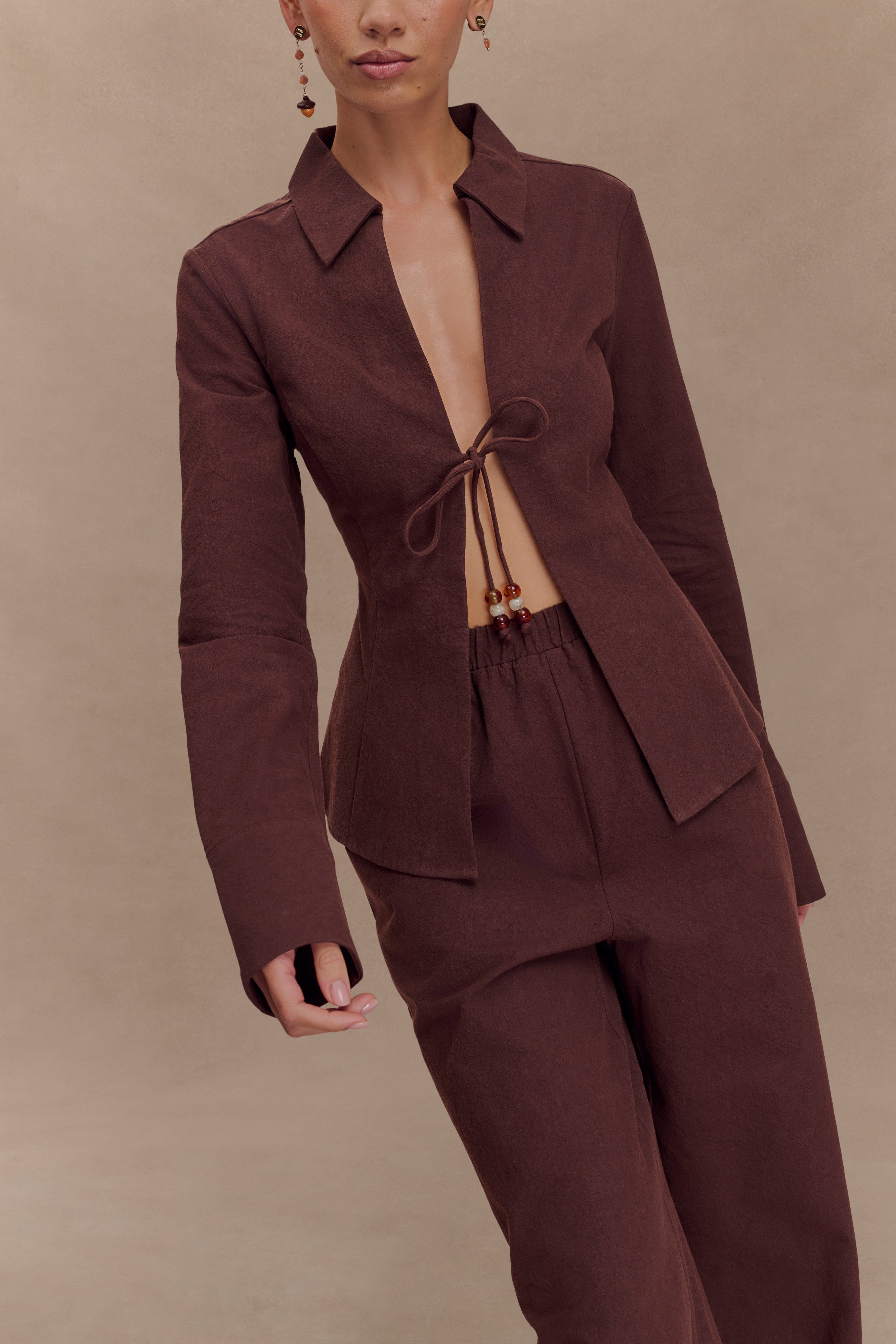 Annalee Cotton Beaded Tie Shirt - Dark Espresso、mySite、solidvoid