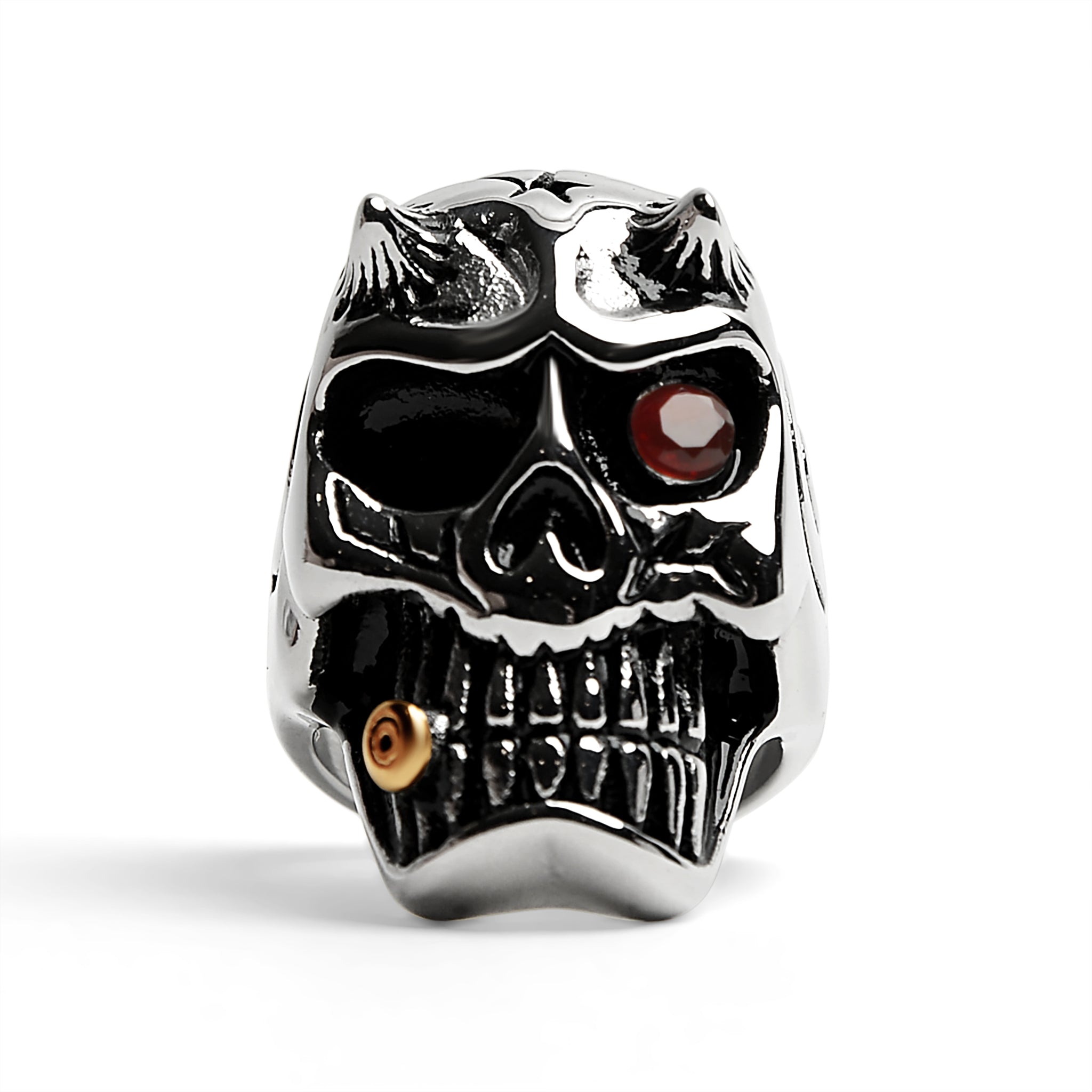 Stainless Steel Devil Skull With Red CZ Eye Smoking 18K Gold PVD Coated Cigar Ring / SCR4084、mySite、dreamappss