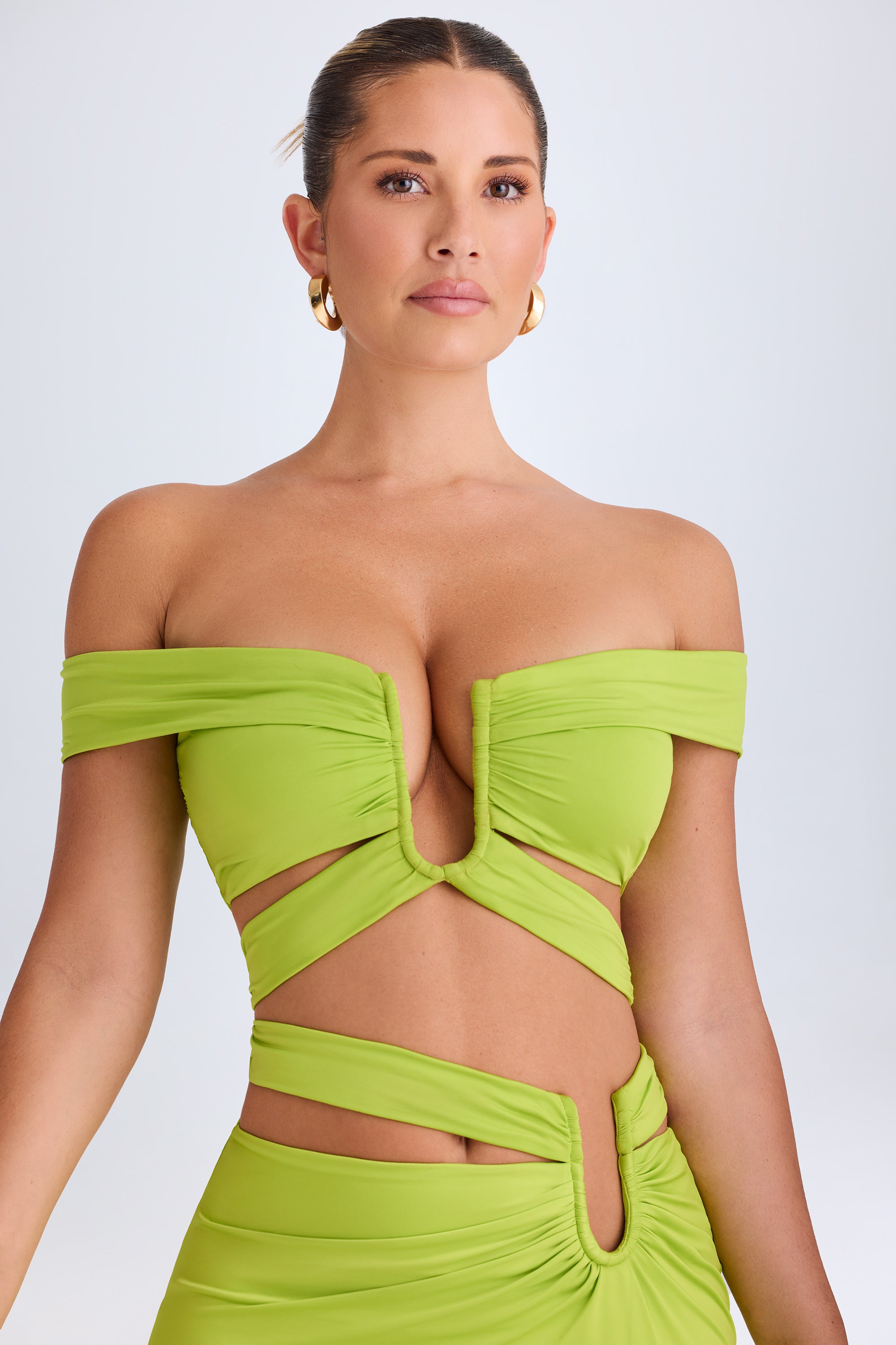 Cut-Out Off-Shoulder Crop Top in Lime Green、mySite、solidvoid
