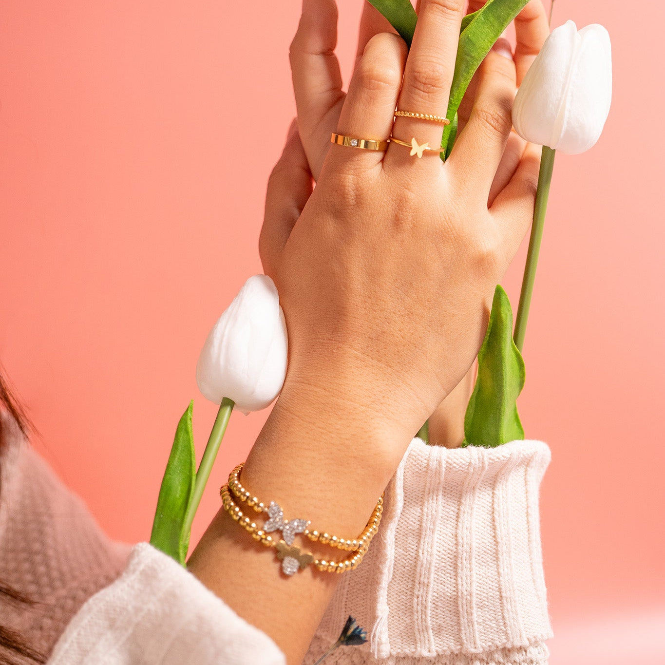 18K Gold PVD Stainless Steel Stone Bee Metal Beaded Stretch Bracelet / BRJ1022、mySite、dreamappss