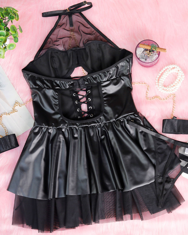 PU Leather Halterneck Tie Mesh Mini Dress、mySite、bengalsvssteelers