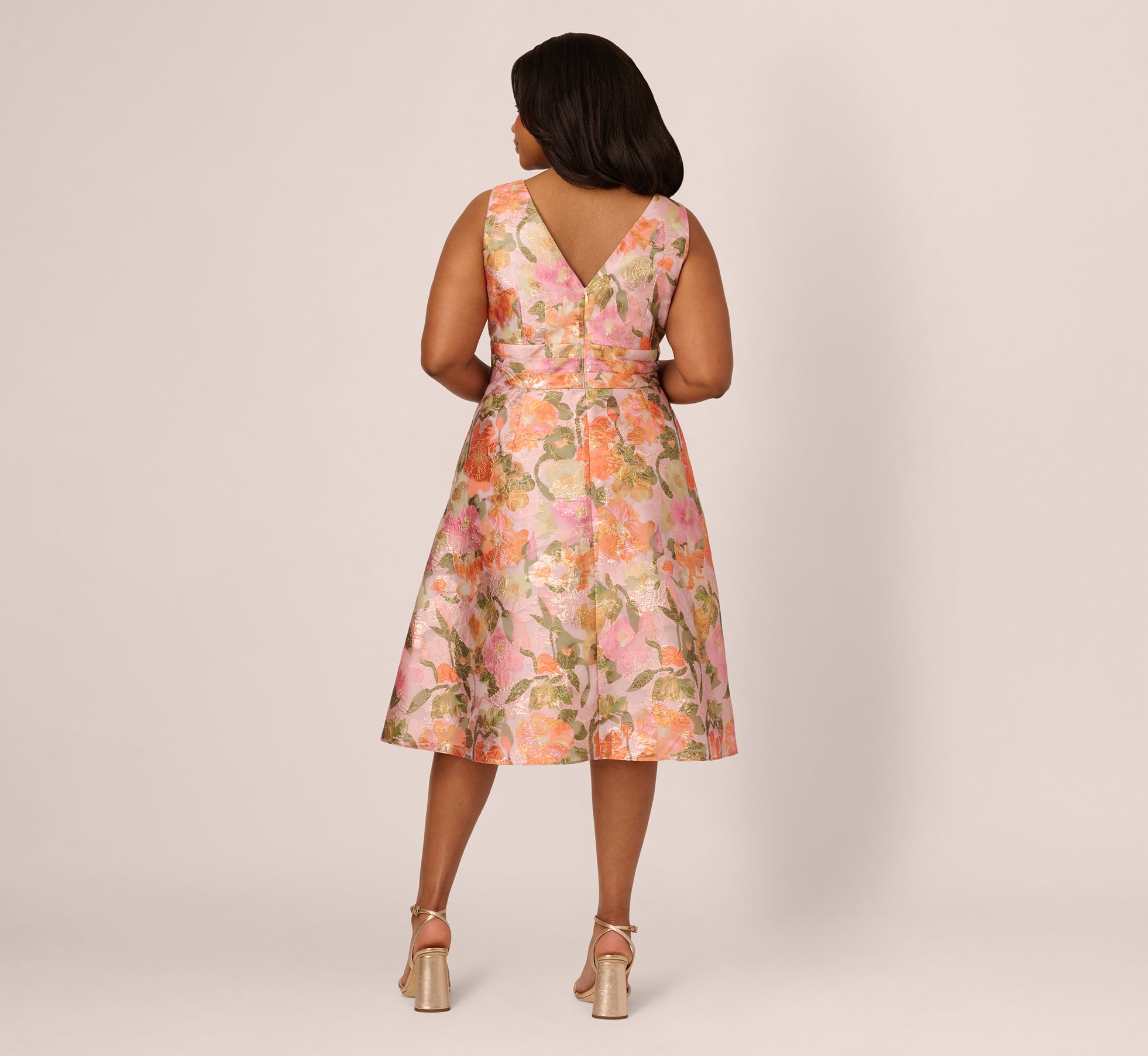 Plus Size Metallic Floral Jacquard Midi Dress In Yellow Orange Multi、mySite、solidvoid