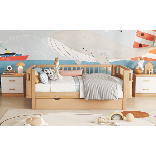 Twin Size Wood Platform Bed for Kids, Wood Low Profile Twin Bed with Rails for Girls and Boys, Natural (Patented Design) , Expect Arrival Date 2025/9/15、、eastwooduniform
