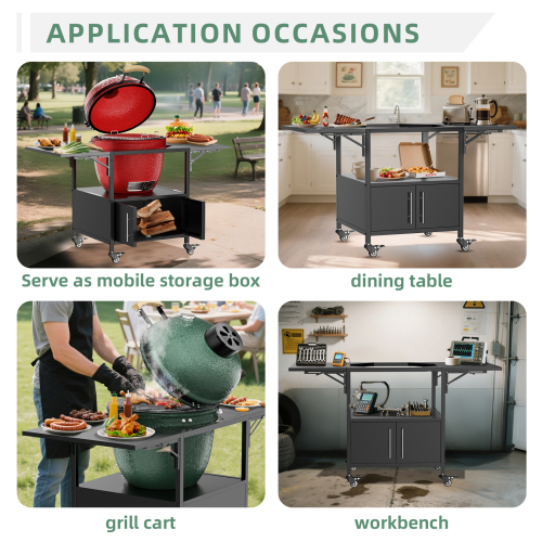 Outdoor Grill Table for Big Green Egg Style BBQ, Metal Grill Cart with Storage Box, Compatible with up to Large Green Egg, Kamado Joe Jr、、eastwooduniform