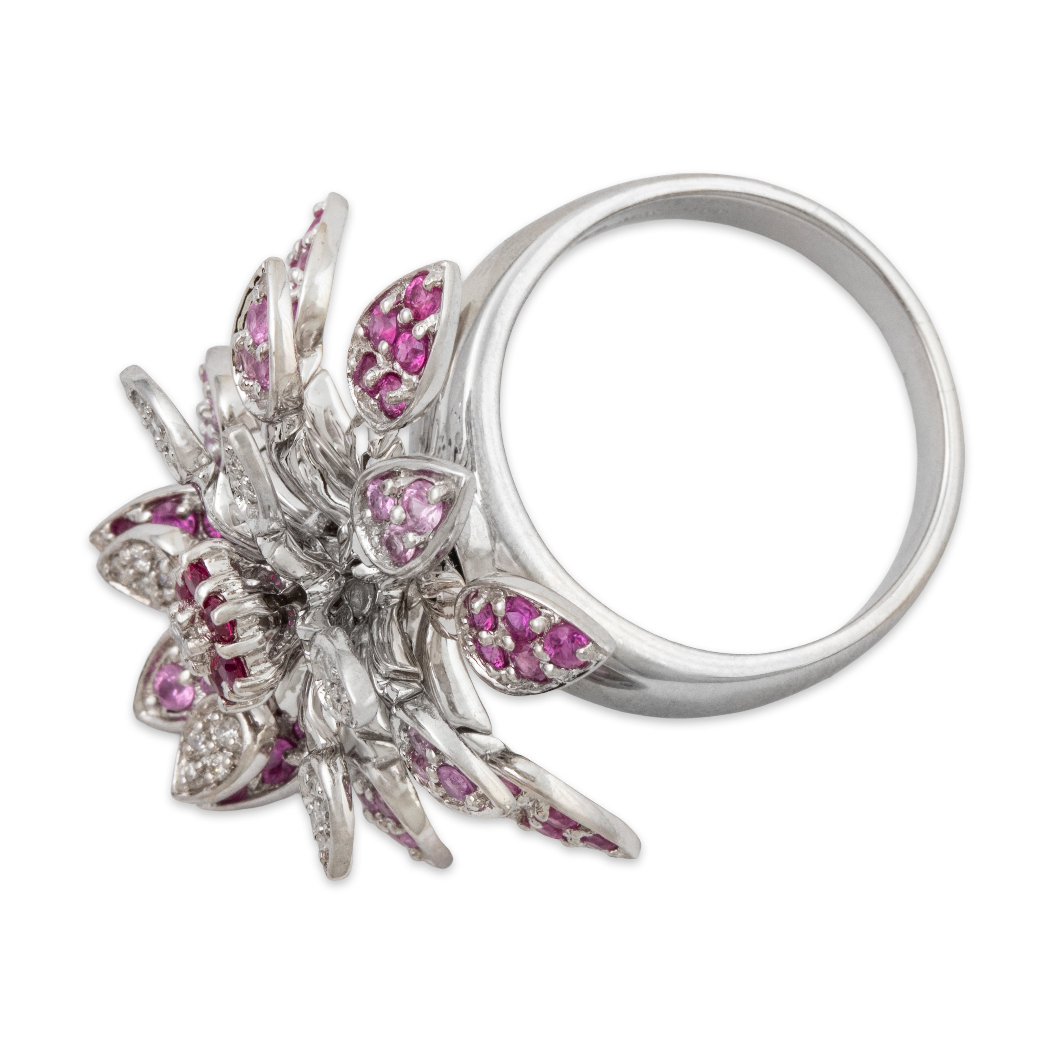 Vintage 18k White Gold Ruby 1.00cttw Pink Sapphire Spinning Flower Ring、mySite、hinf8tx79