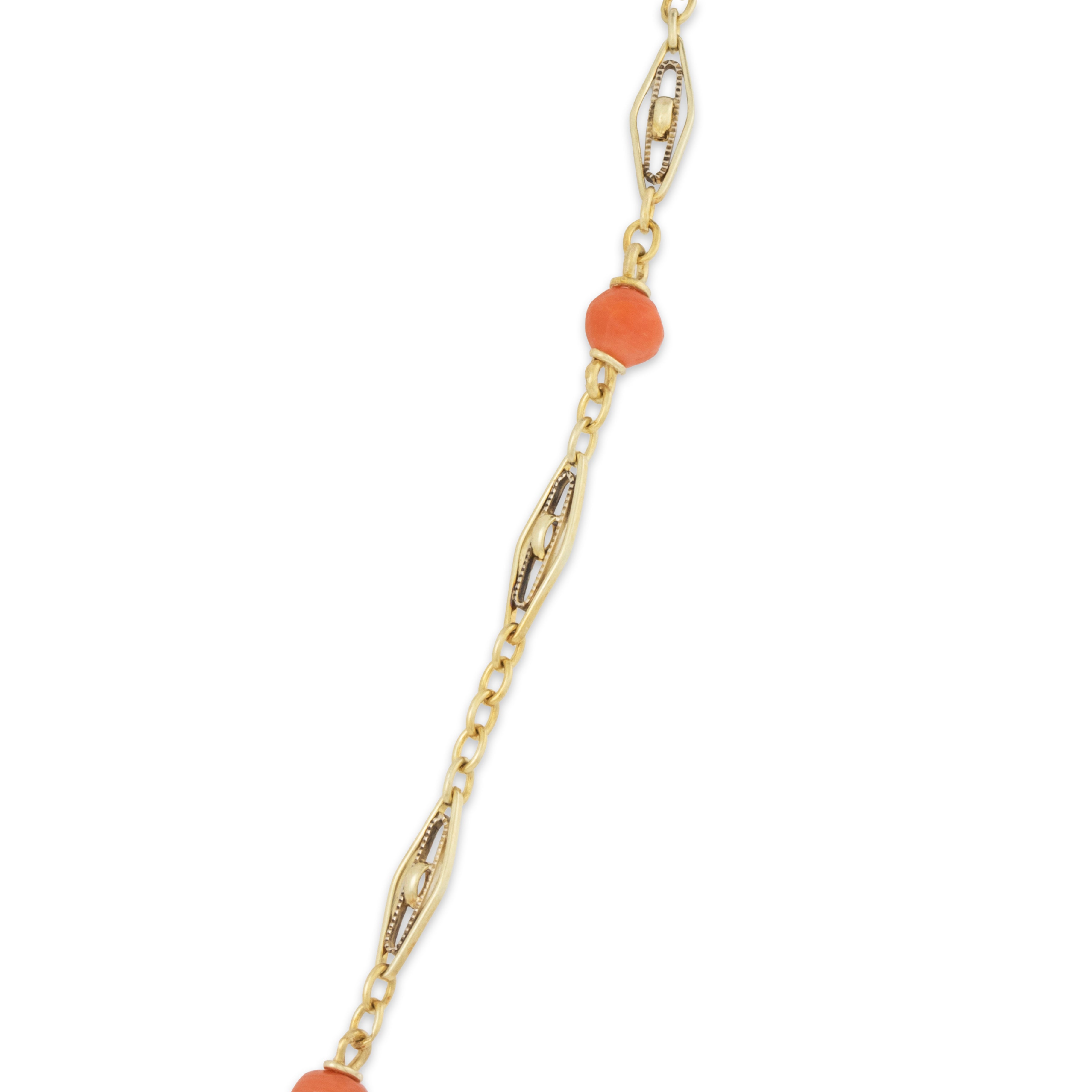 Antique Art Deco 14k Yellow Gold Coral Carved Floral Filigree Chain Necklace 16、mySite、hinf8tx79