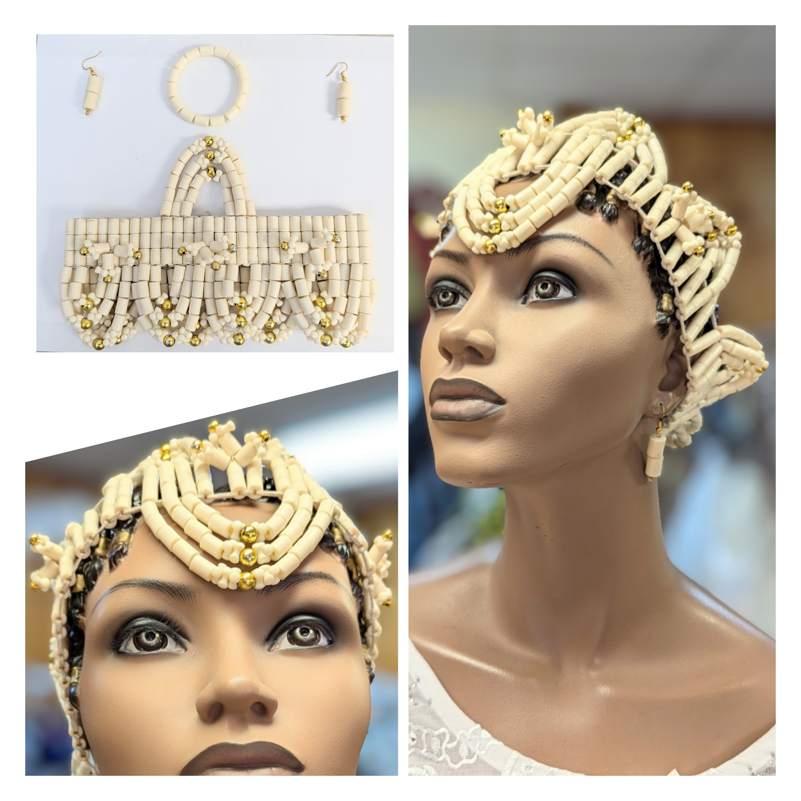Dupsie's Kelechi Igbo Edo African Ivory and Gold Beaded Crown Bracelet and Earrings Set DPACNBI3、mySite、solidvoid