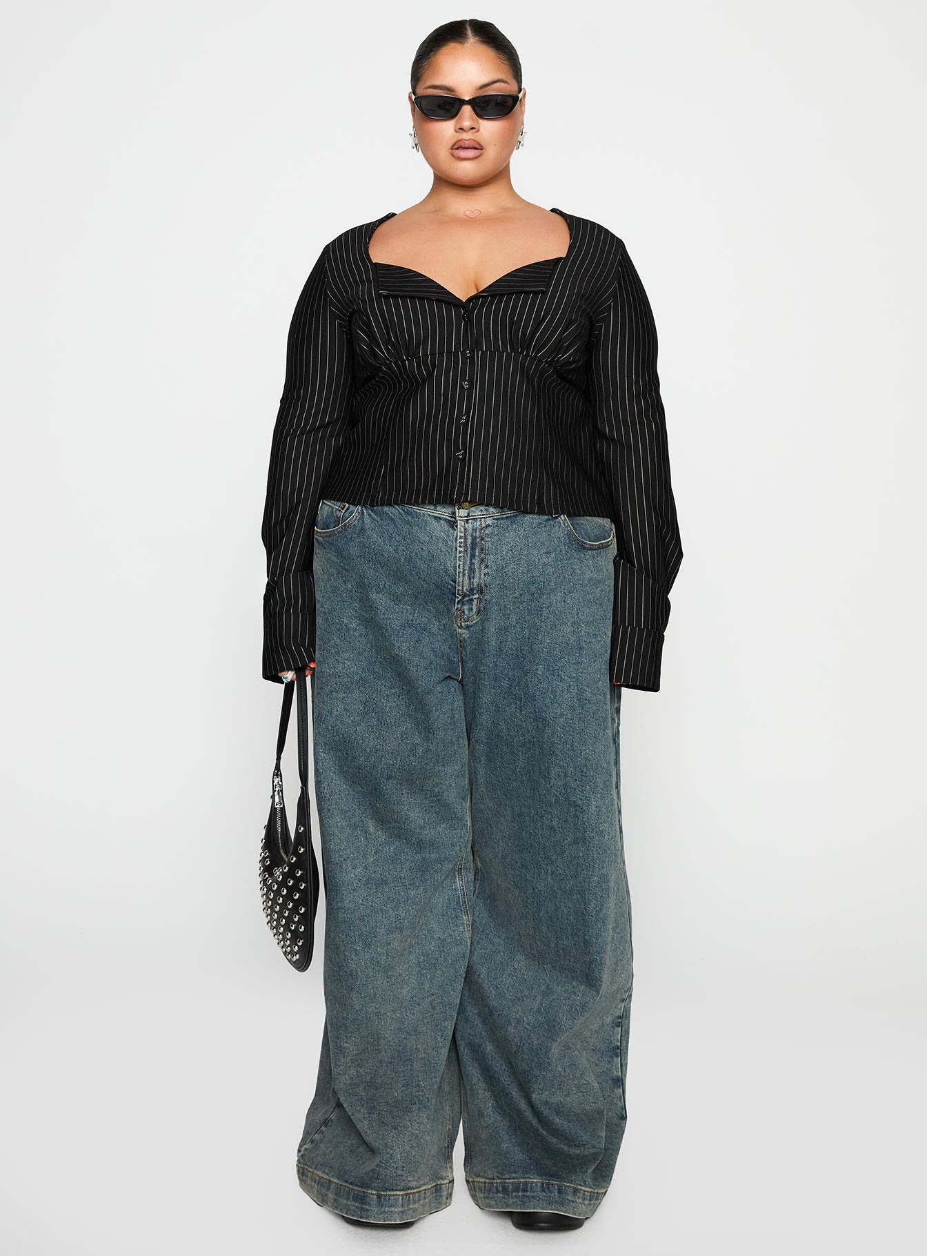 Set For Life Foldover Detail Long Sleeve Top Black / White Pinstripe Curve、mySite、solidvoid