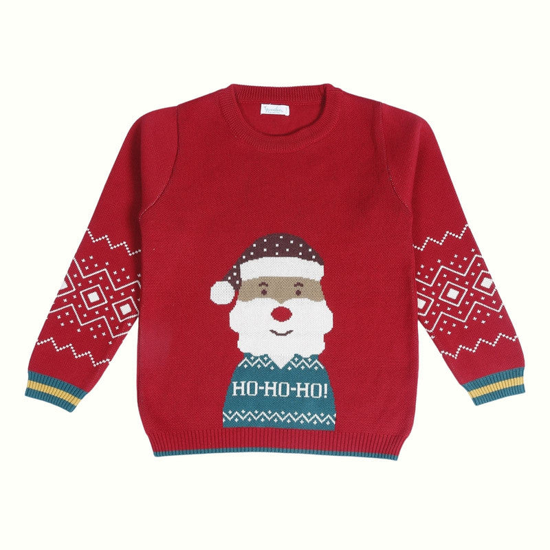 Cotton Jacquard Sweater, Lower & Cap Set | Santa Printed | Cherry Red | Set of 3、mySite、camillekostekn