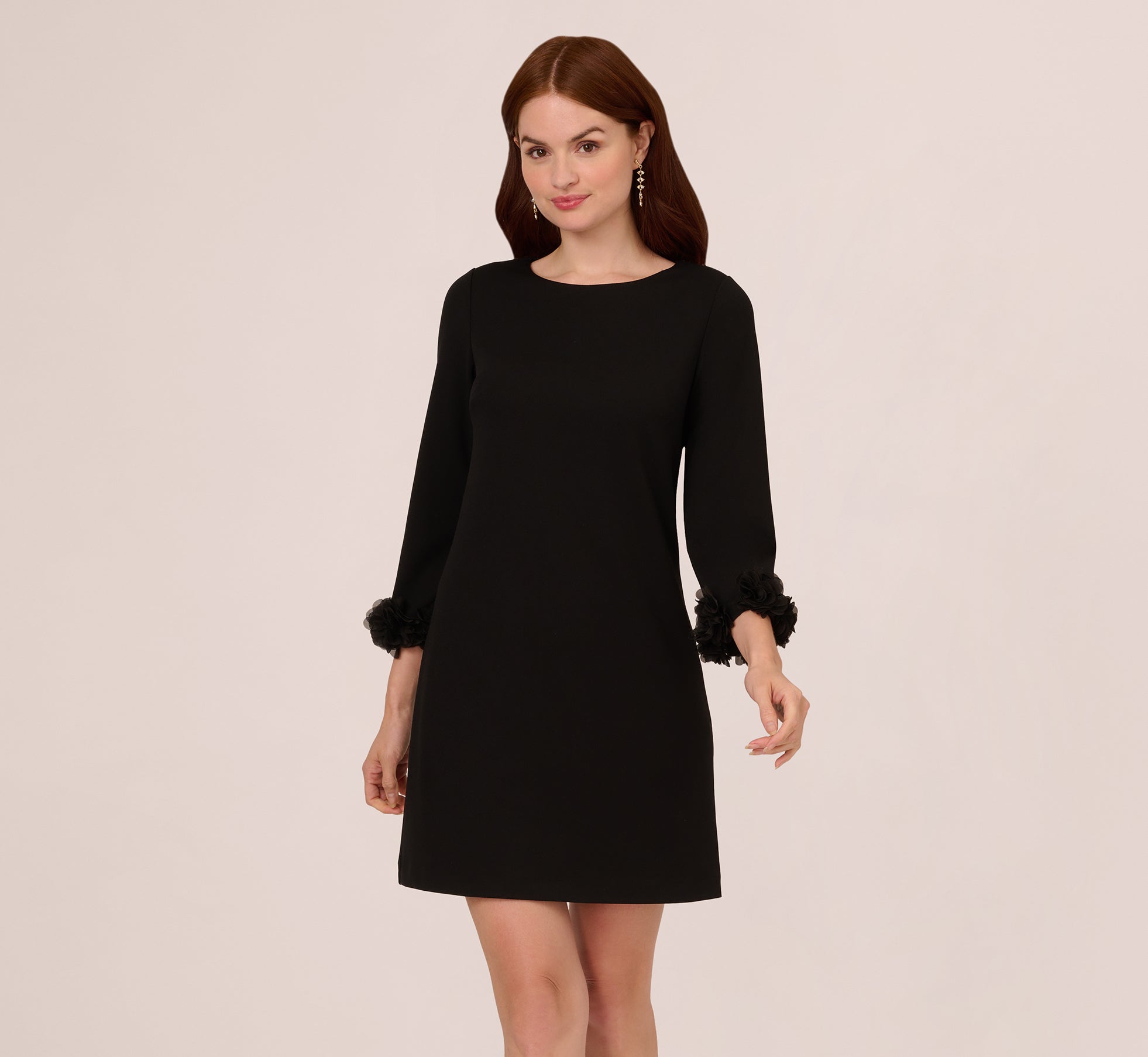 Three Quarter Sleeve Shift Dress With Floral Embellished Cuffs In Black、mySite、solidvoid