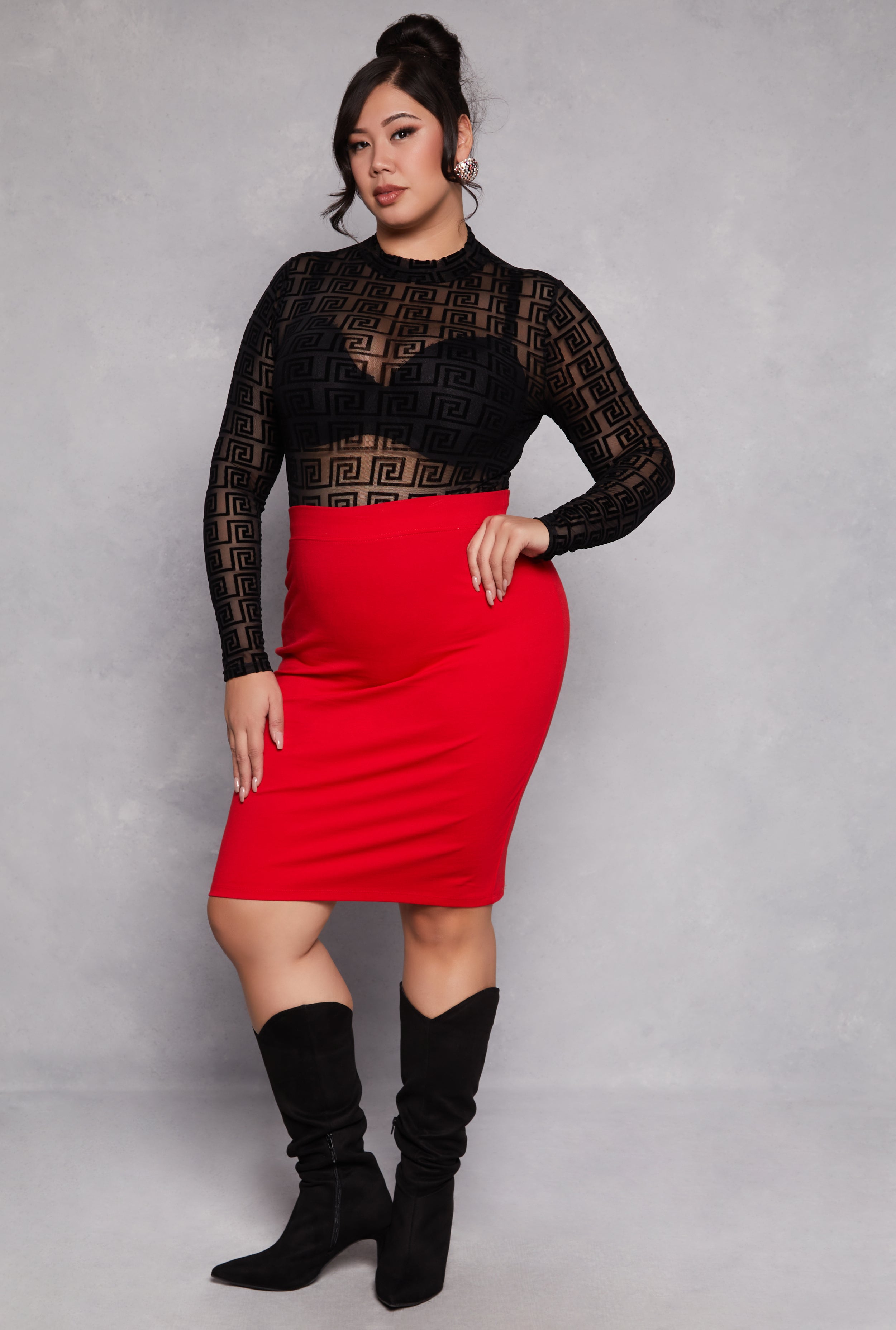 Plus Size Mesh Velvet Burnout Greek Key Bodysuit、mySite、camillekostekn