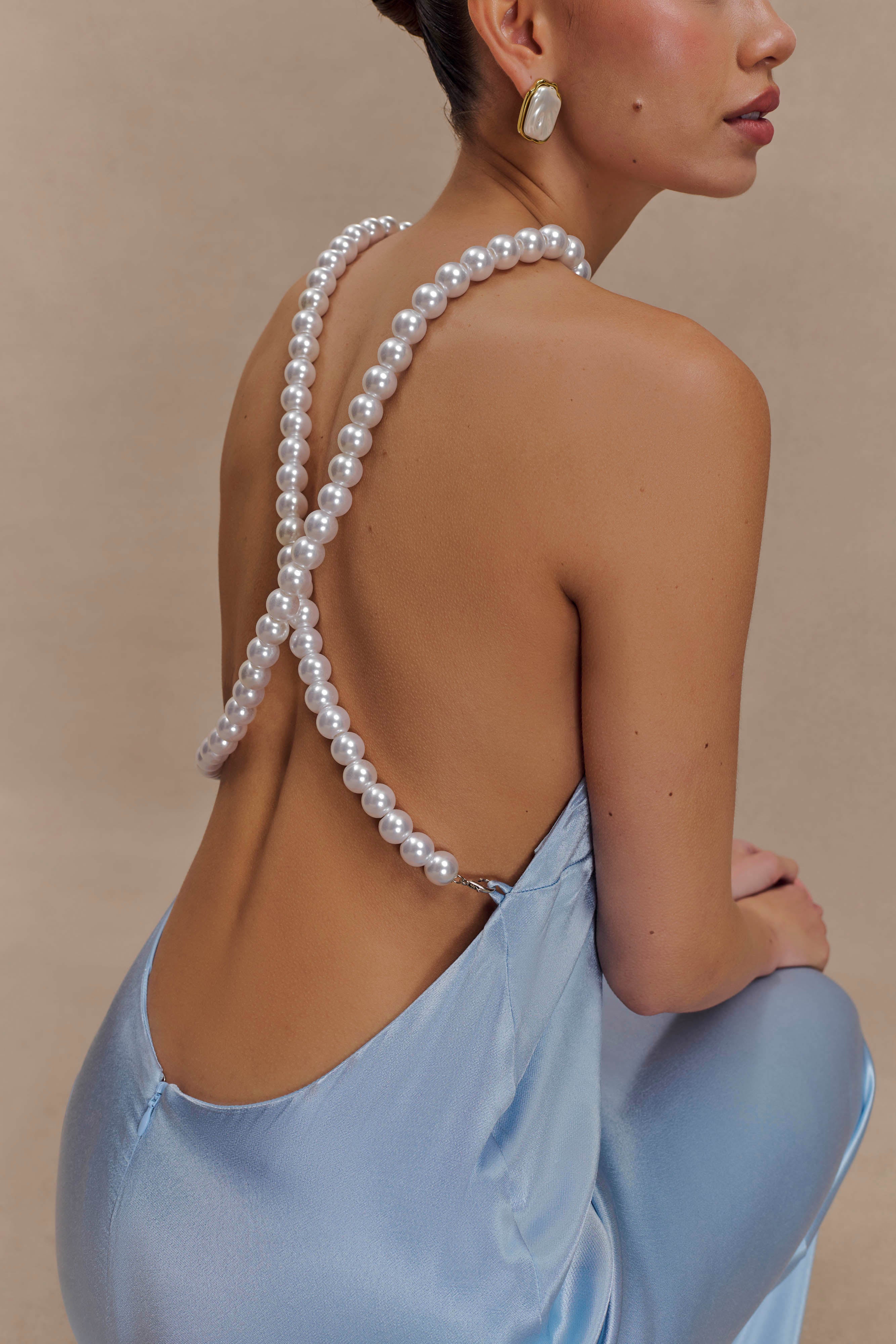 Blanche Satin Pearl Halter Maxi Dress - Cornflower Blue、mySite、solidvoid