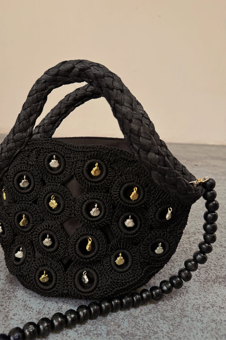 Black Crochet Shell Charm Mini Bag、mySite、solidvoid