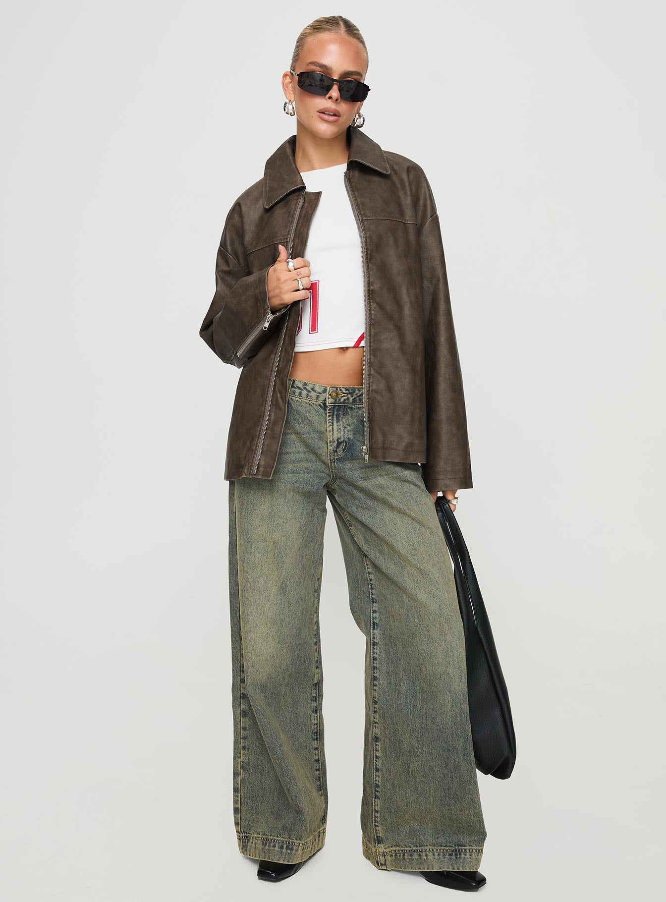 Faux Leather Collared Dad Jacket Washed Brown、mySite、solidvoid