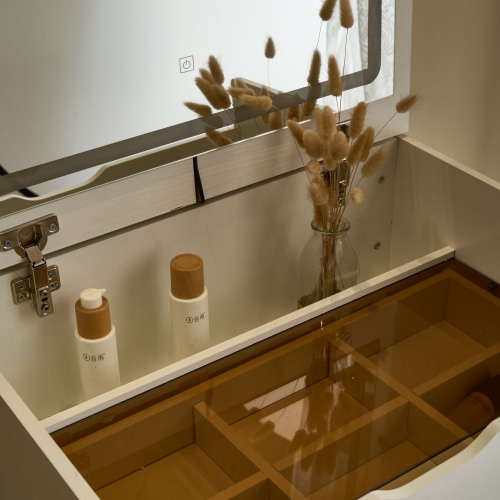 3-in-1 Vanity Desk with Mirror And Lights, Small Vanity Desk Set with Visible Glass Tabletop, 3 Drawers, Storage Bench, 3-color Lighting Mirror, Suitable for Bedroom Small Vanity Desk、、xpatfood