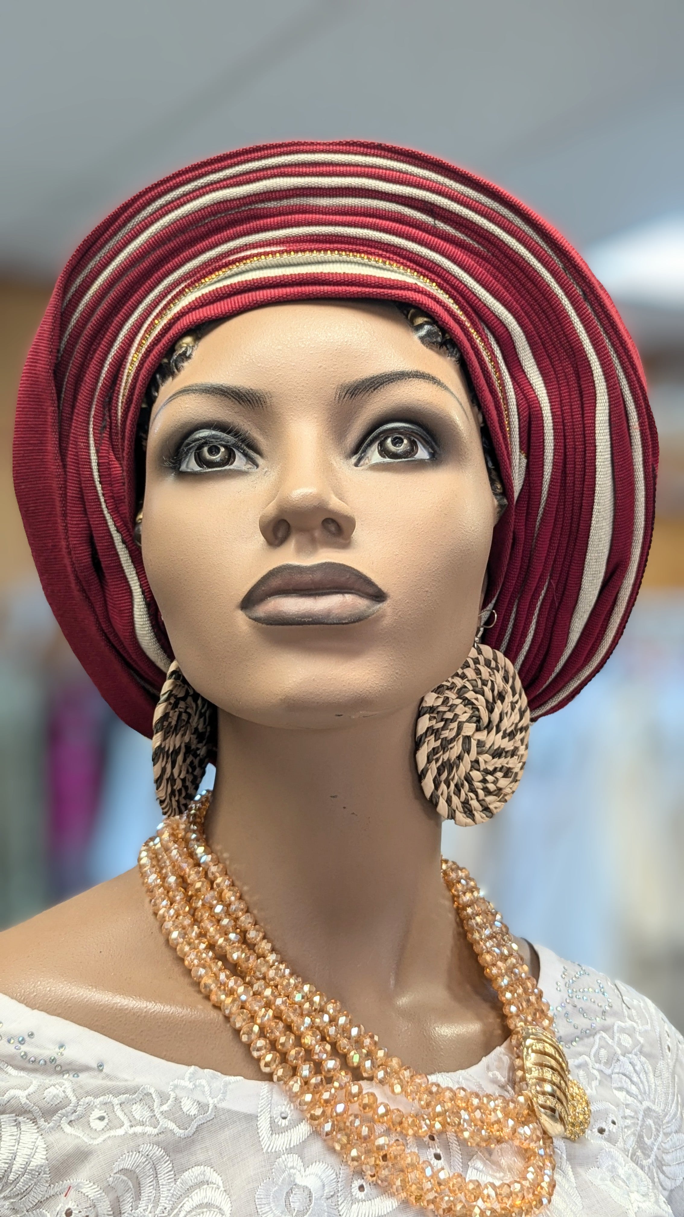 Dupsie's Olufunmilayo Burgundy Aso Oke Ready Gele Autogele Pre-tied head wrap hat DPAGARBG4、mySite、solidvoid