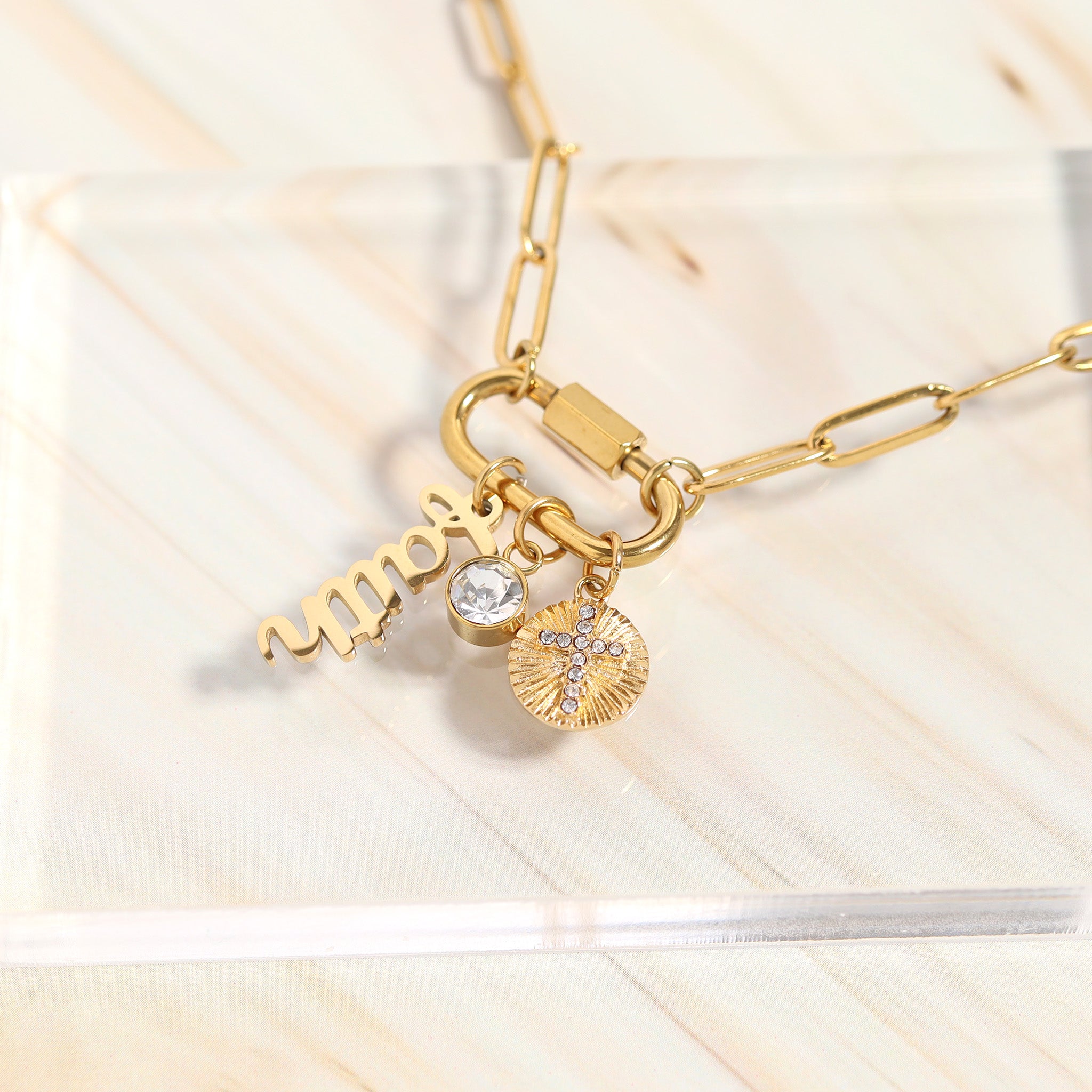 18K Gold PVD Stainless Steel Carabiner Faith Charm Paperclip Necklace / CHN0049、mySite、dreamappss