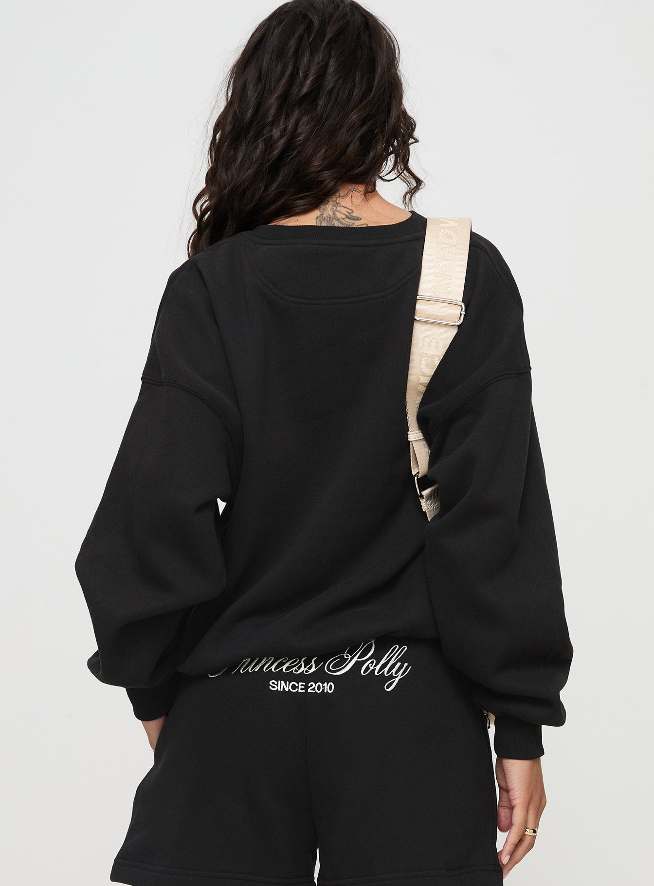 Princess Polly Crew Neck Sweatshirt Cursive Text Black Sand、mySite、solidvoid