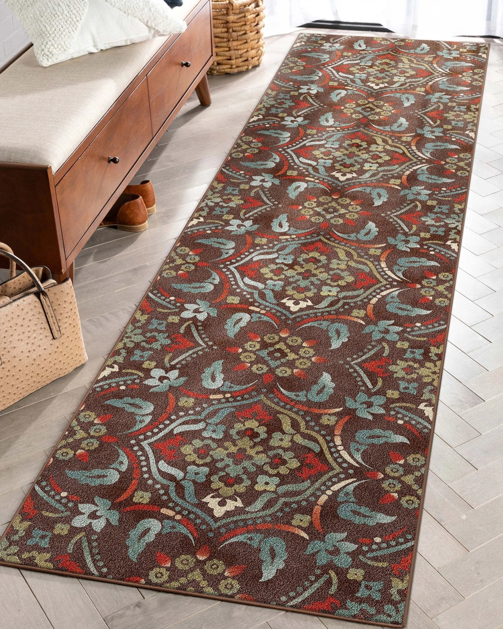 Florence Brown/Grey Floral Flat-Weave Cotton Backing Rug、mySite、gigharbornorthrealestate